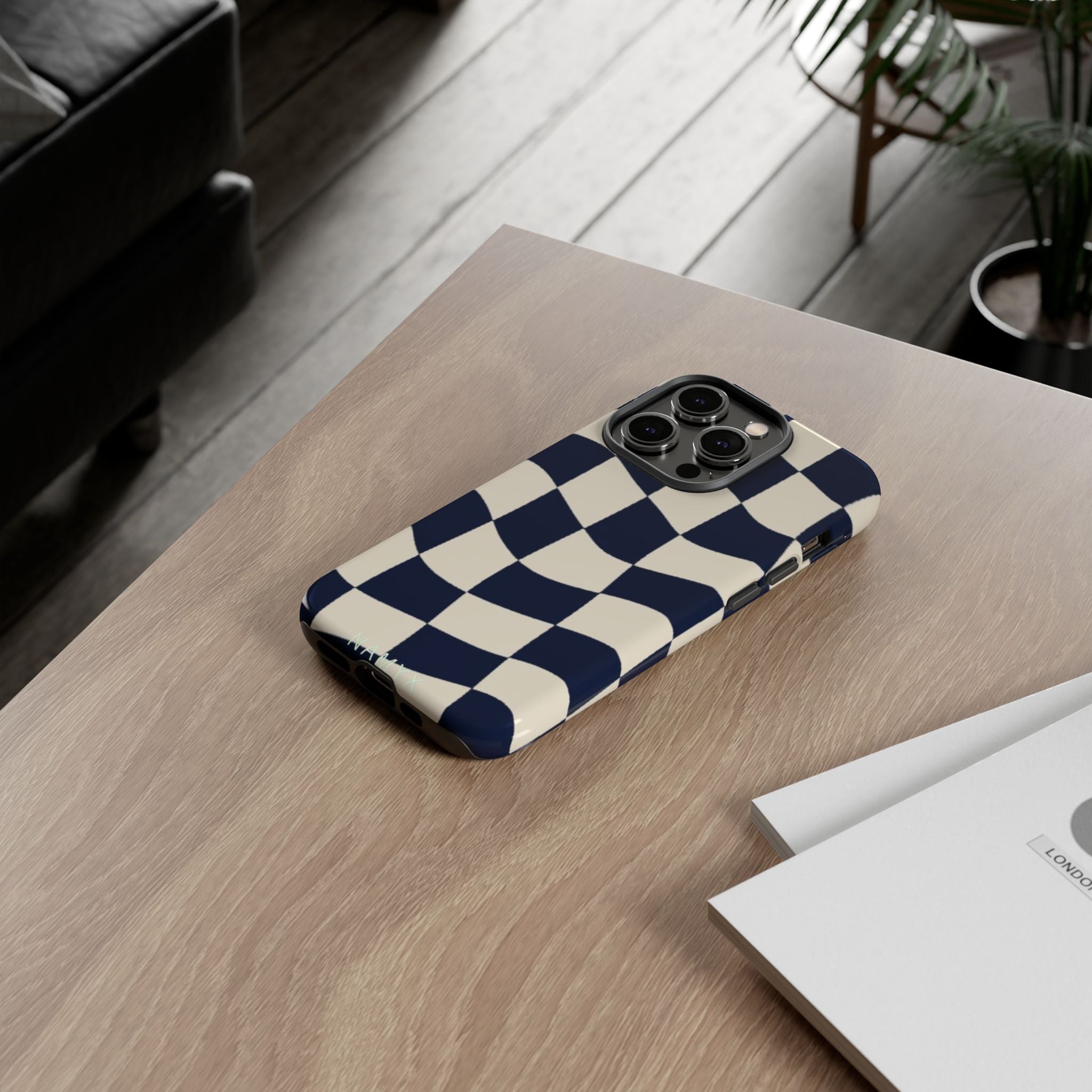 Wavy Checkered Phone Case – Retro Navy Racing Pattern Tough Case