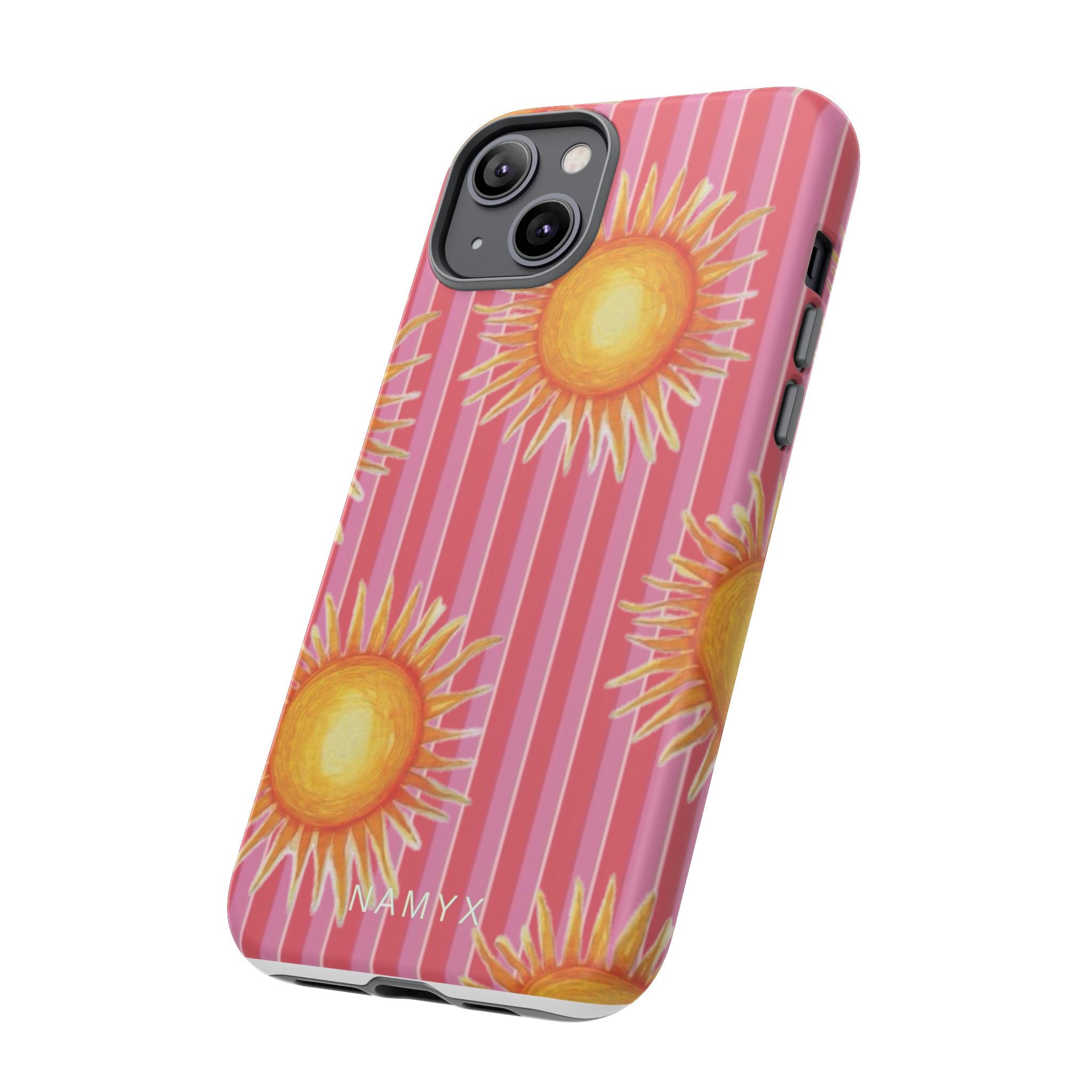 Sunburst Stripe Tough Phone Case — Bright Yellow Sun Pattern on Pink