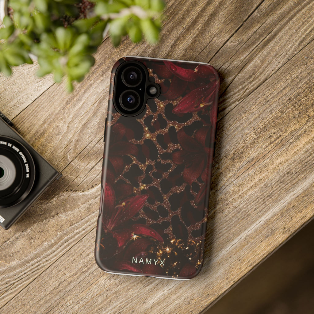 Protective Phone Case — Burgundy Floral & Gold Leopard Print Tough Case