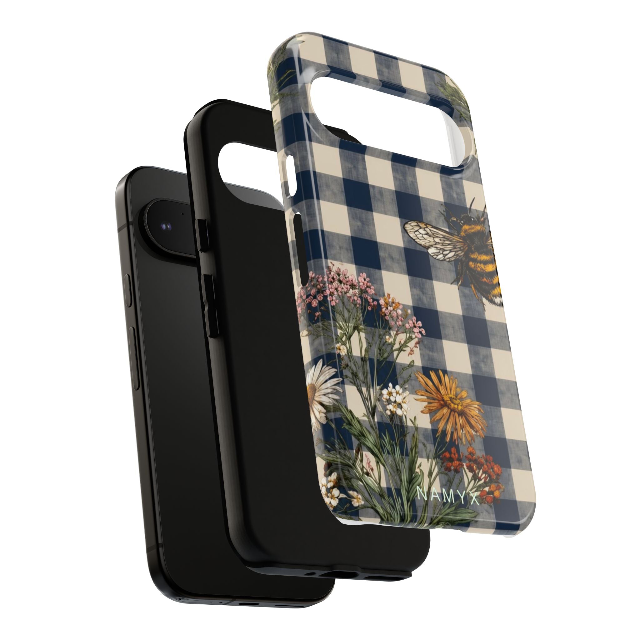 Bee & Wildflower Plaid Phone Case — Navy Buffalo Check Floral iPhone Cover