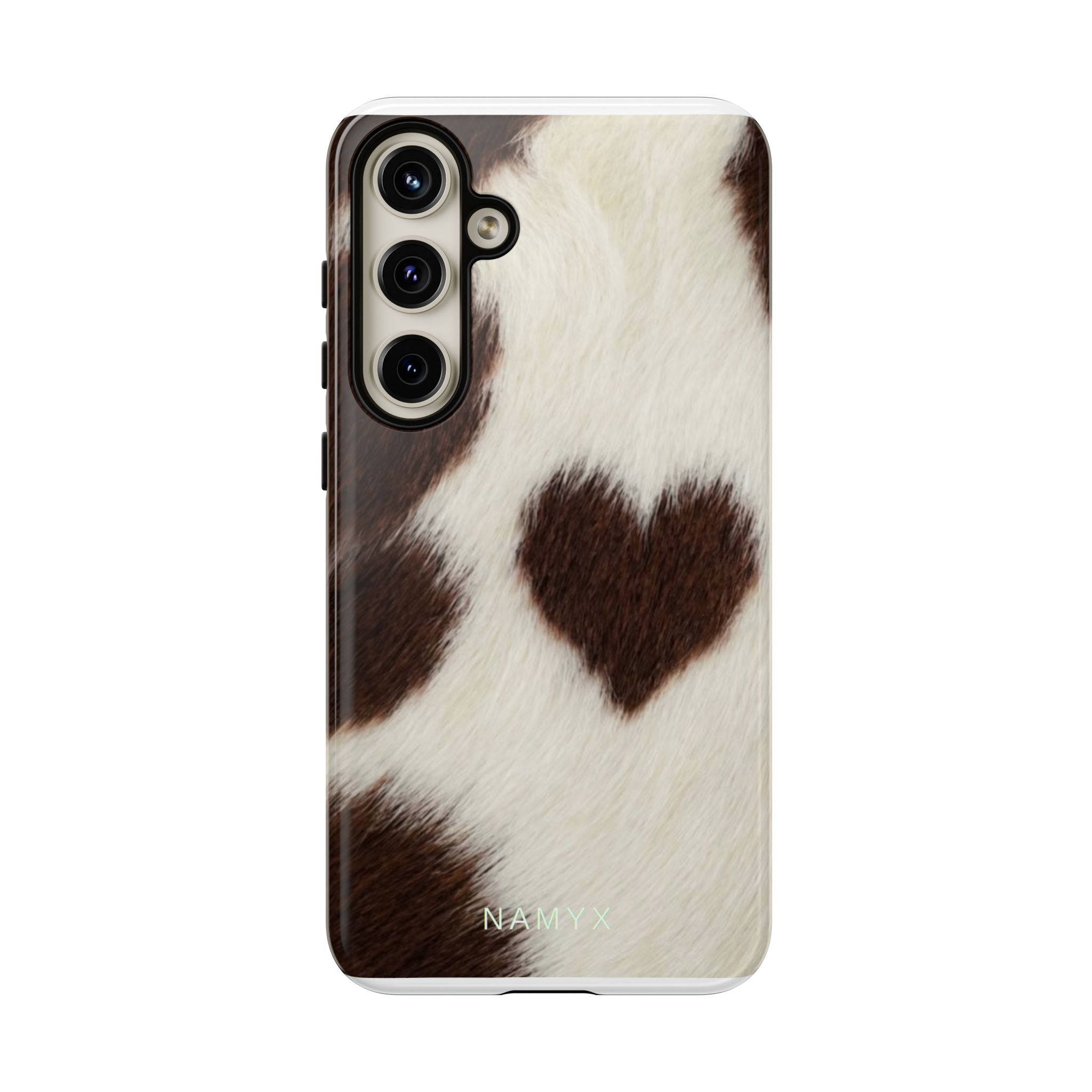 Cowhide Heart Phone Case — Cute Cow Print Protective iPhone Cover