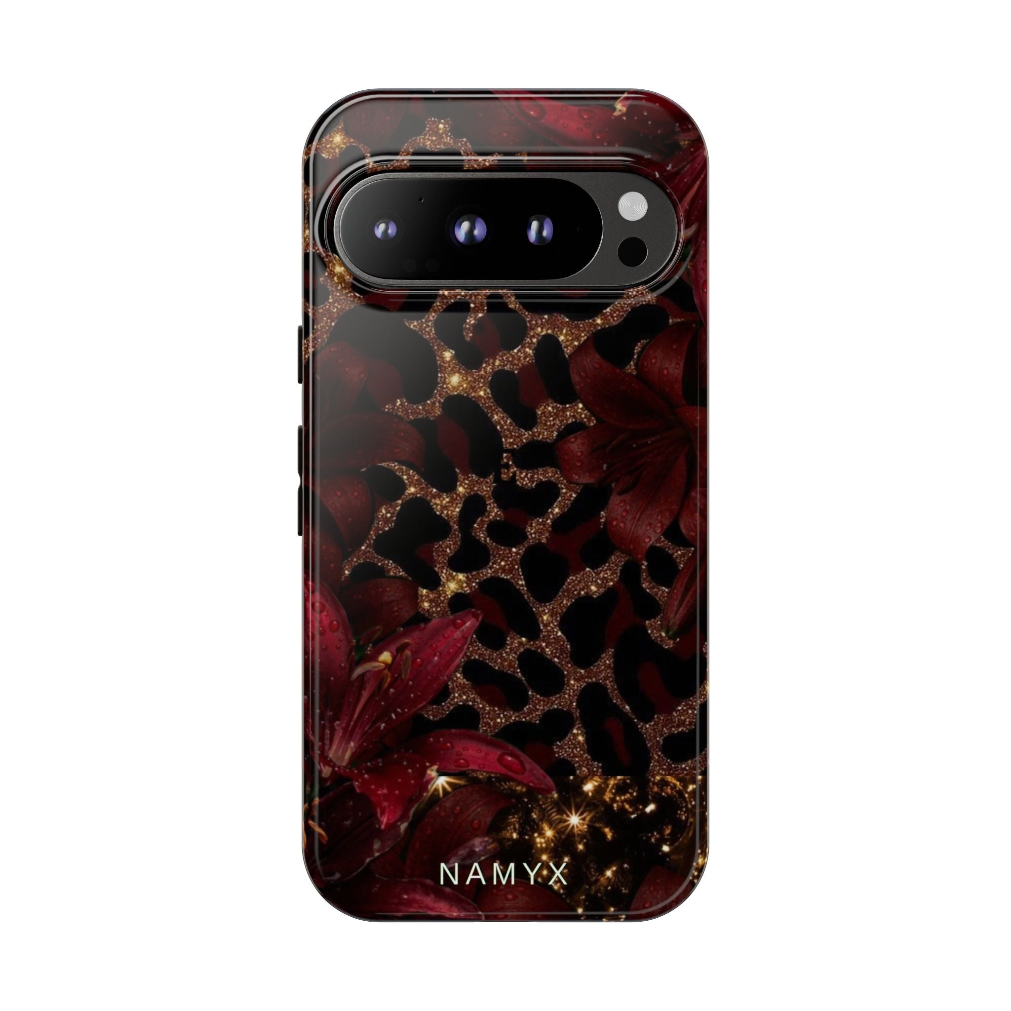 Protective Phone Case — Burgundy Floral & Gold Leopard Print Tough Case