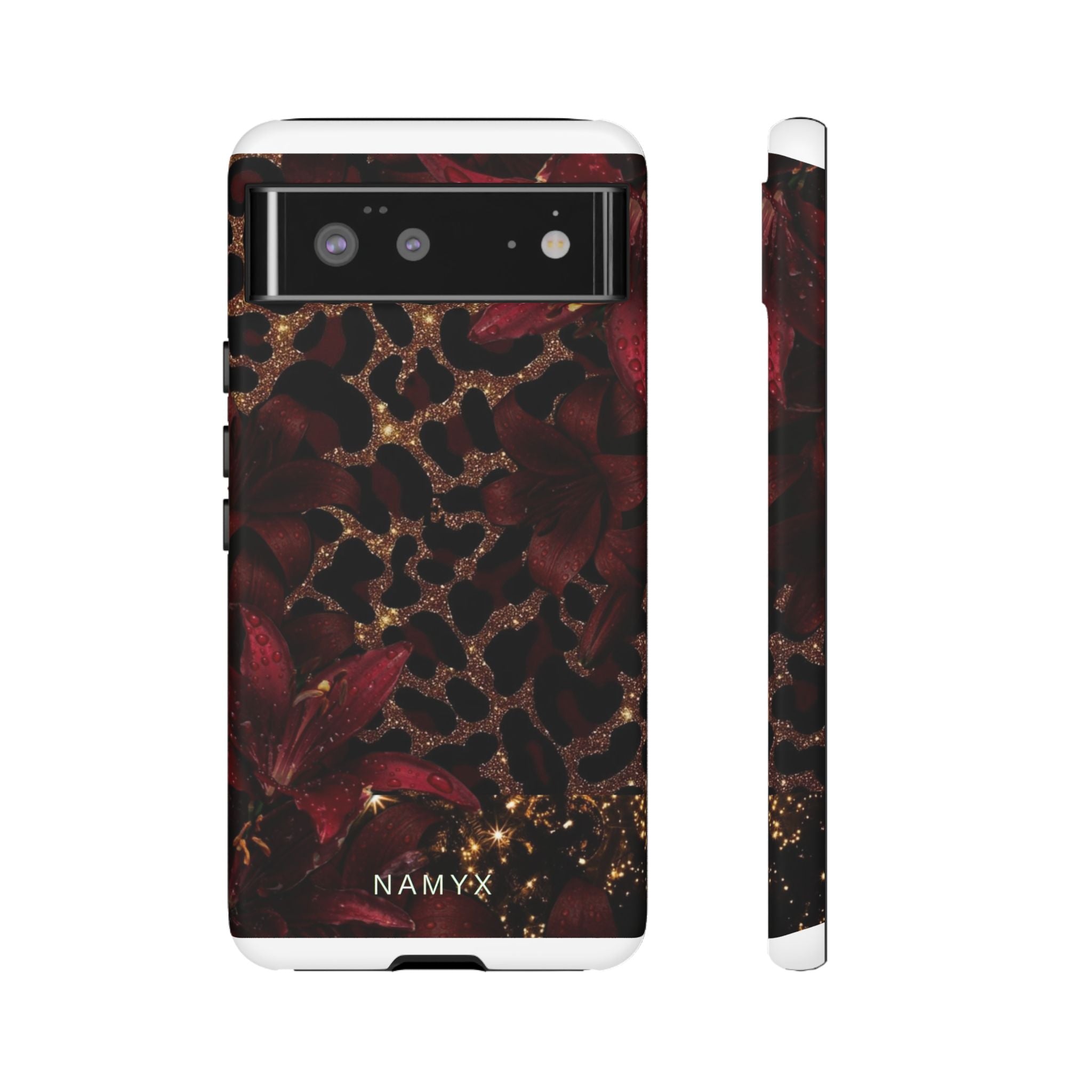 Protective Phone Case — Burgundy Floral & Gold Leopard Print Tough Case