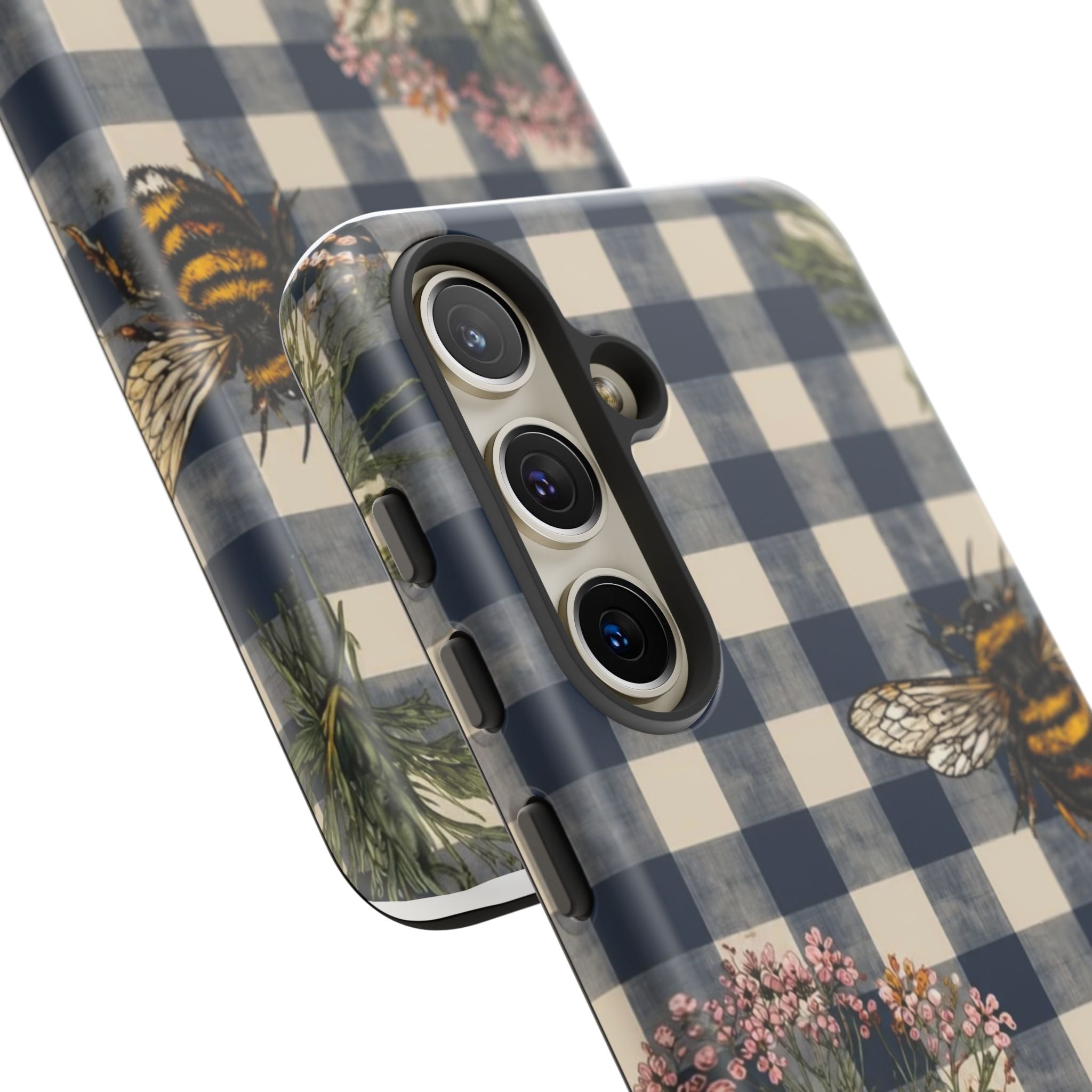 Bee & Wildflower Plaid Phone Case — Navy Buffalo Check Floral iPhone Cover