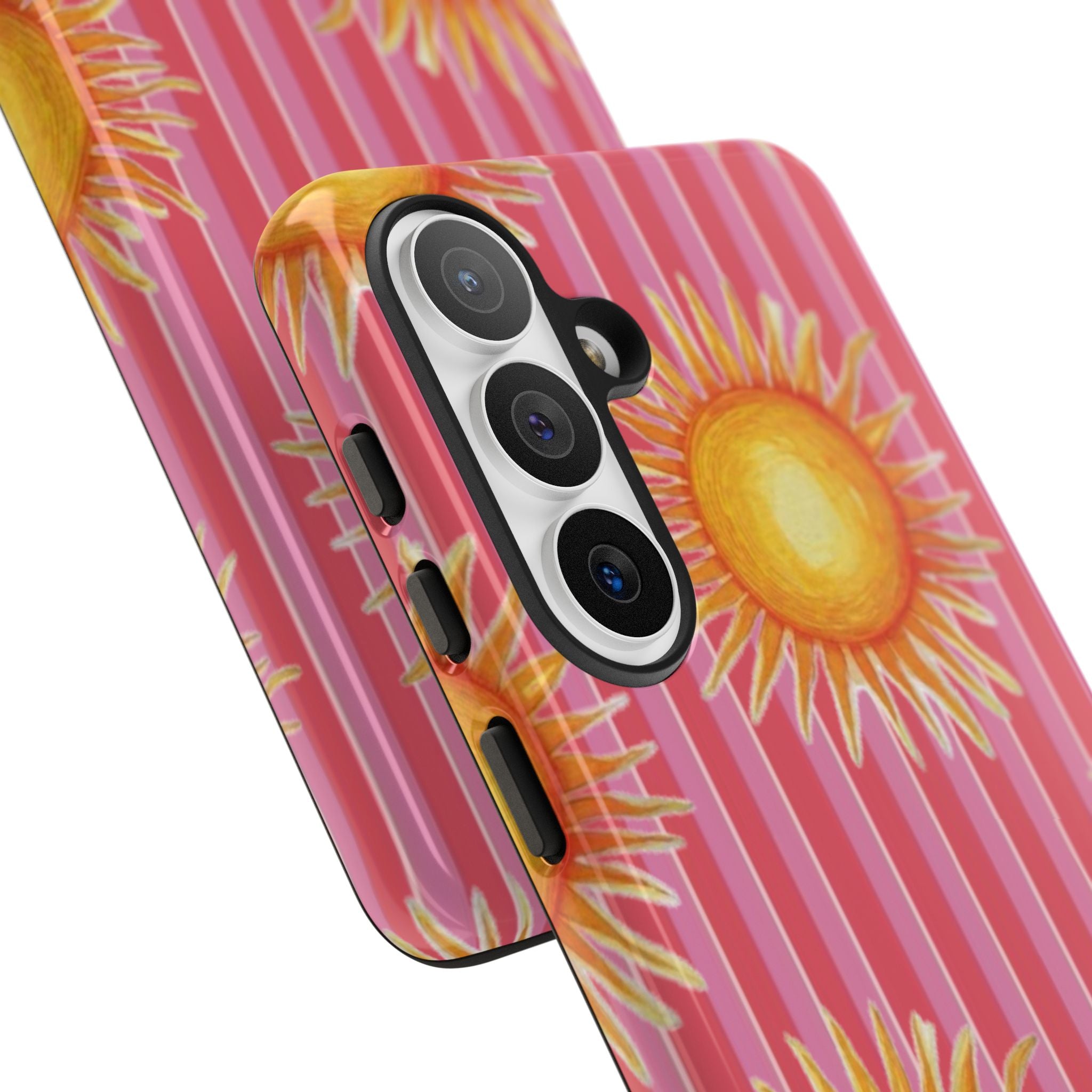 Sunburst Stripe Tough Phone Case — Bright Yellow Sun Pattern on Pink