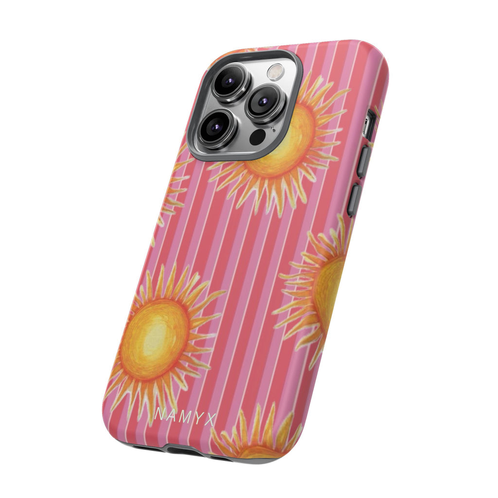 Sunburst Stripe Tough Phone Case — Bright Yellow Sun Pattern on Pink