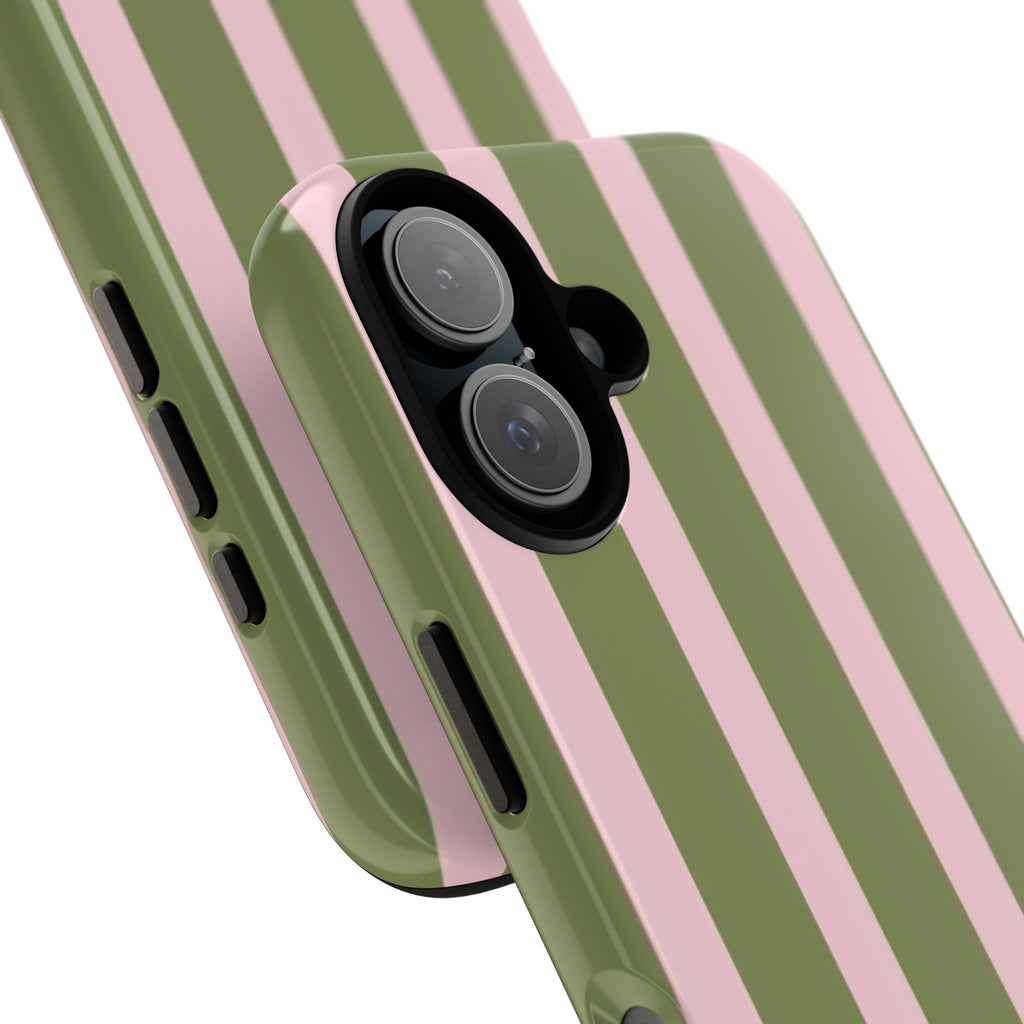 Striped Olive & Blush Tough Phone Case — Durable Protective Phone Cover