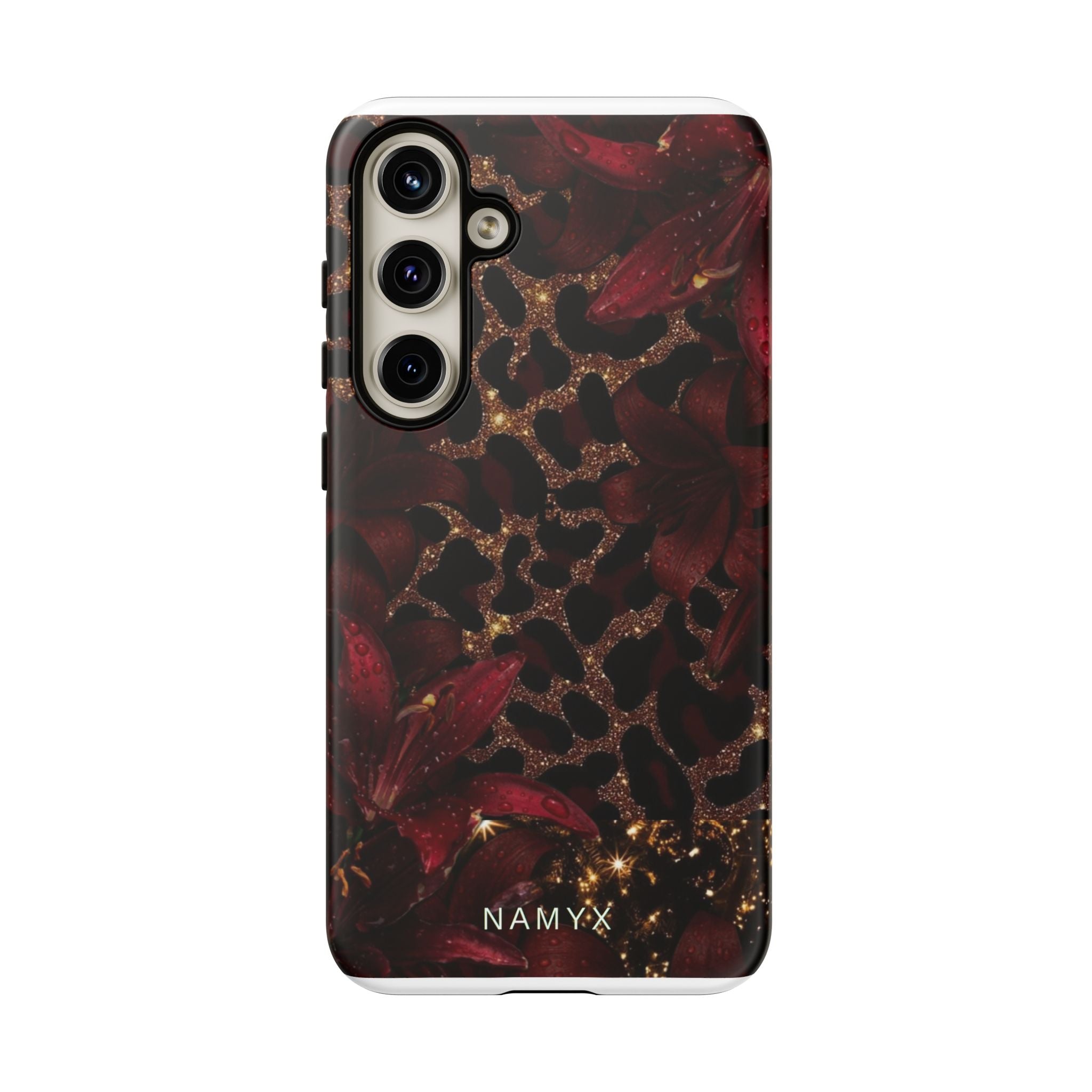 Protective Phone Case — Burgundy Floral & Gold Leopard Print Tough Case