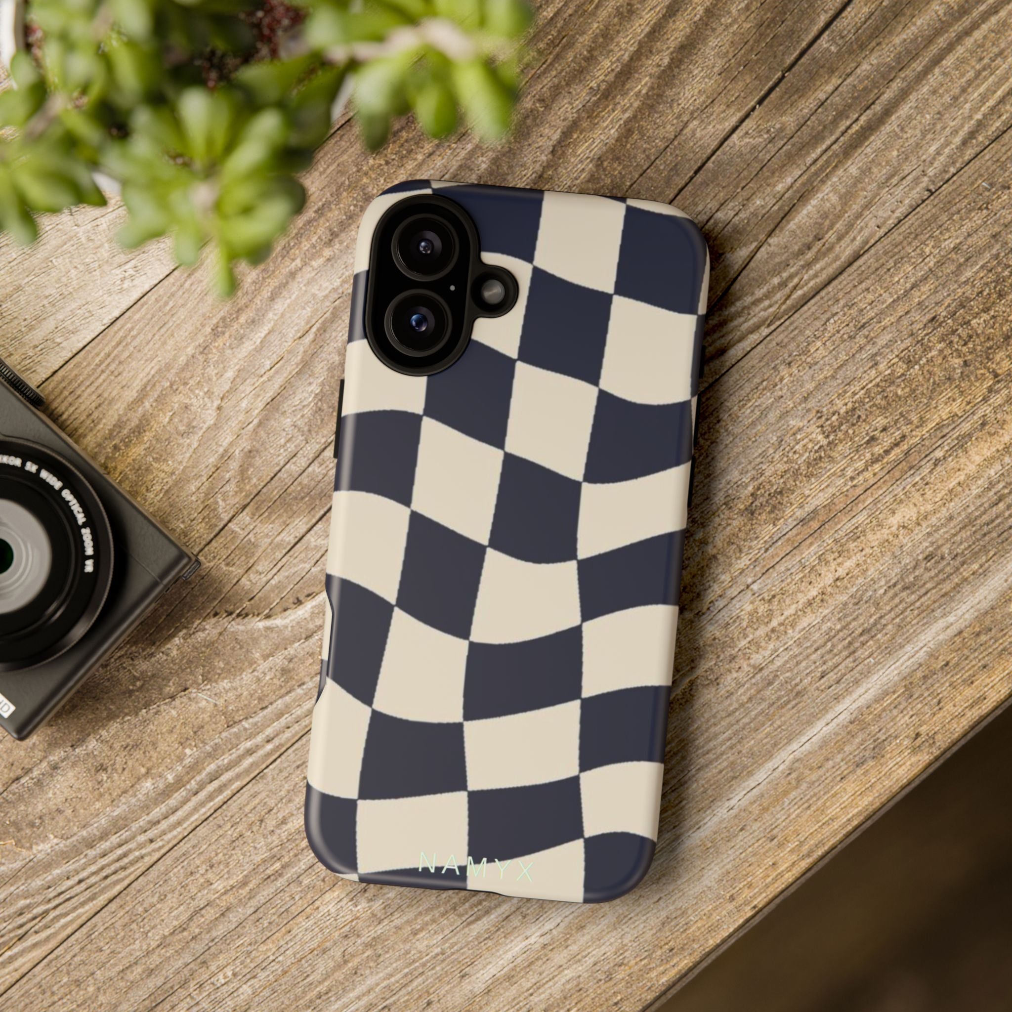 Wavy Checkered Phone Case – Retro Navy Racing Pattern Tough Case