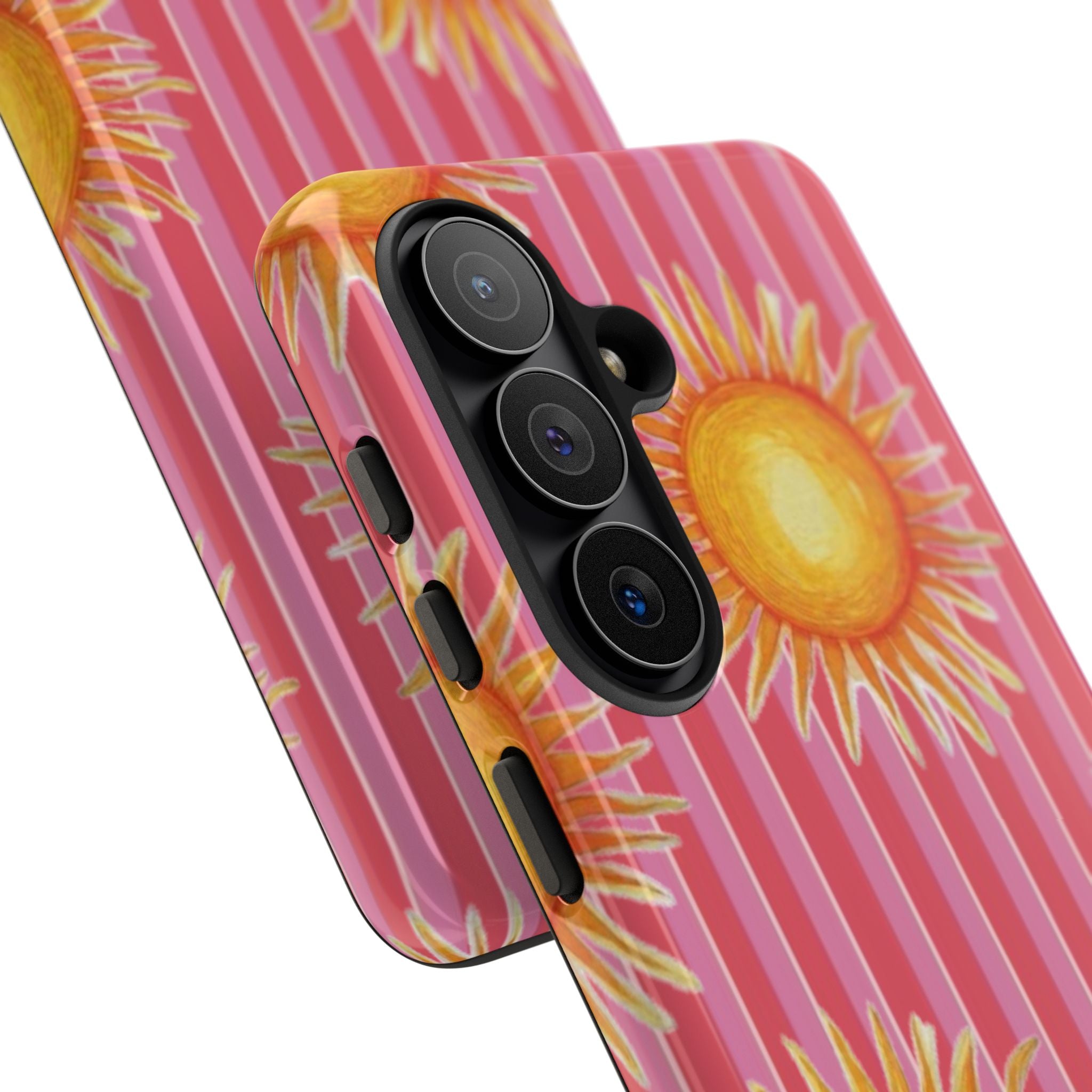 Sunburst Stripe Tough Phone Case — Bright Yellow Sun Pattern on Pink