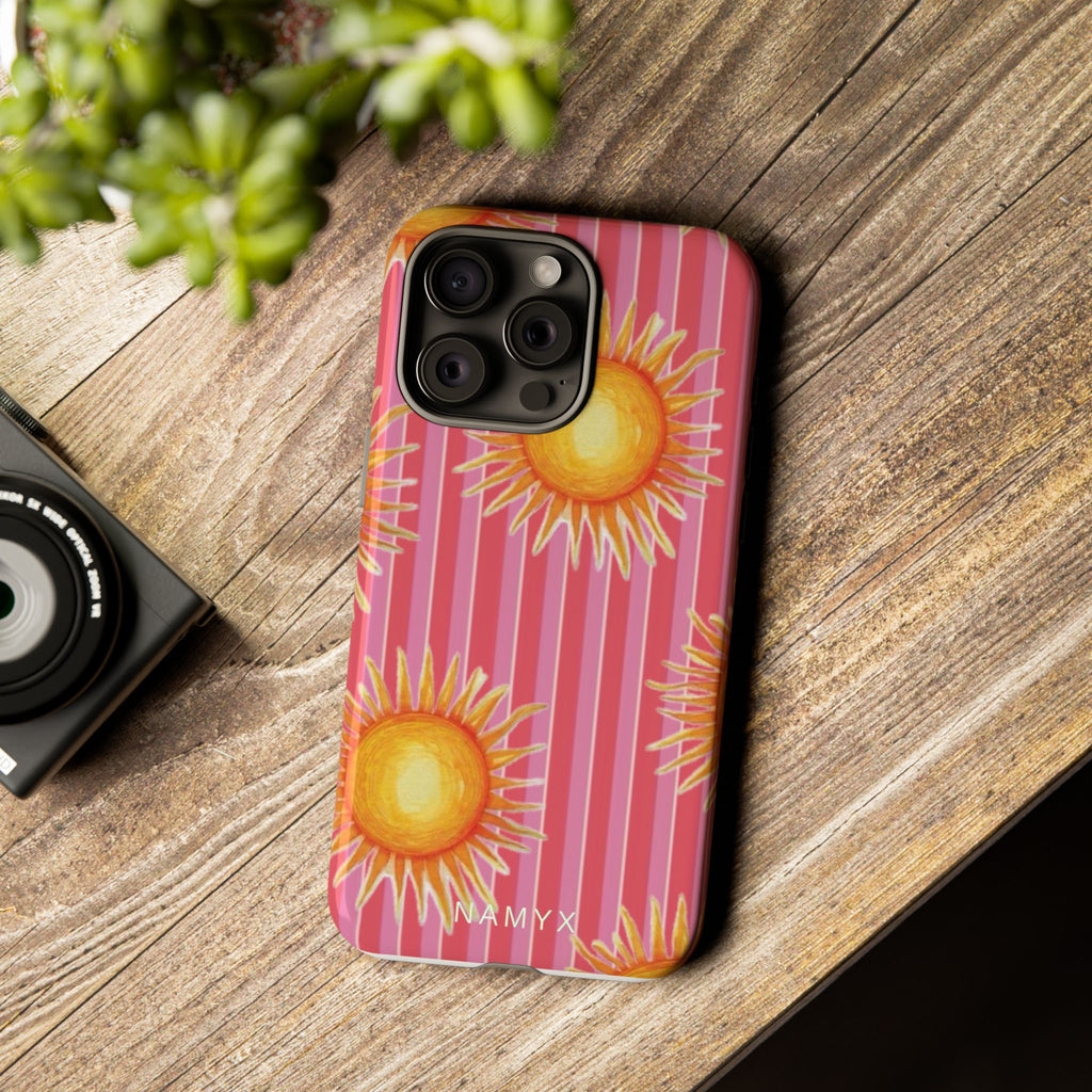 Sunburst Stripe Tough Phone Case — Bright Yellow Sun Pattern on Pink