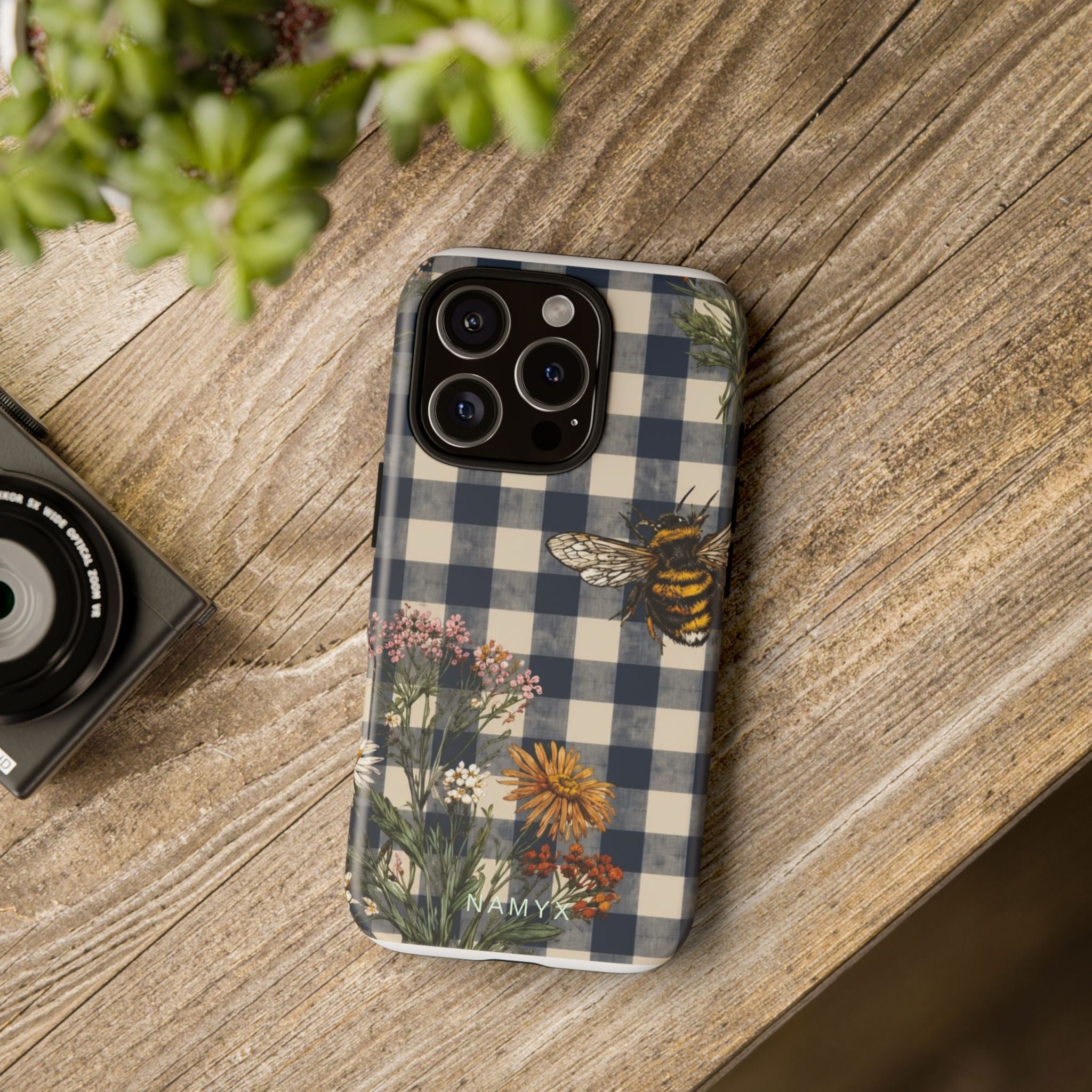Bee & Wildflower Plaid Phone Case — Navy Buffalo Check Floral iPhone Cover
