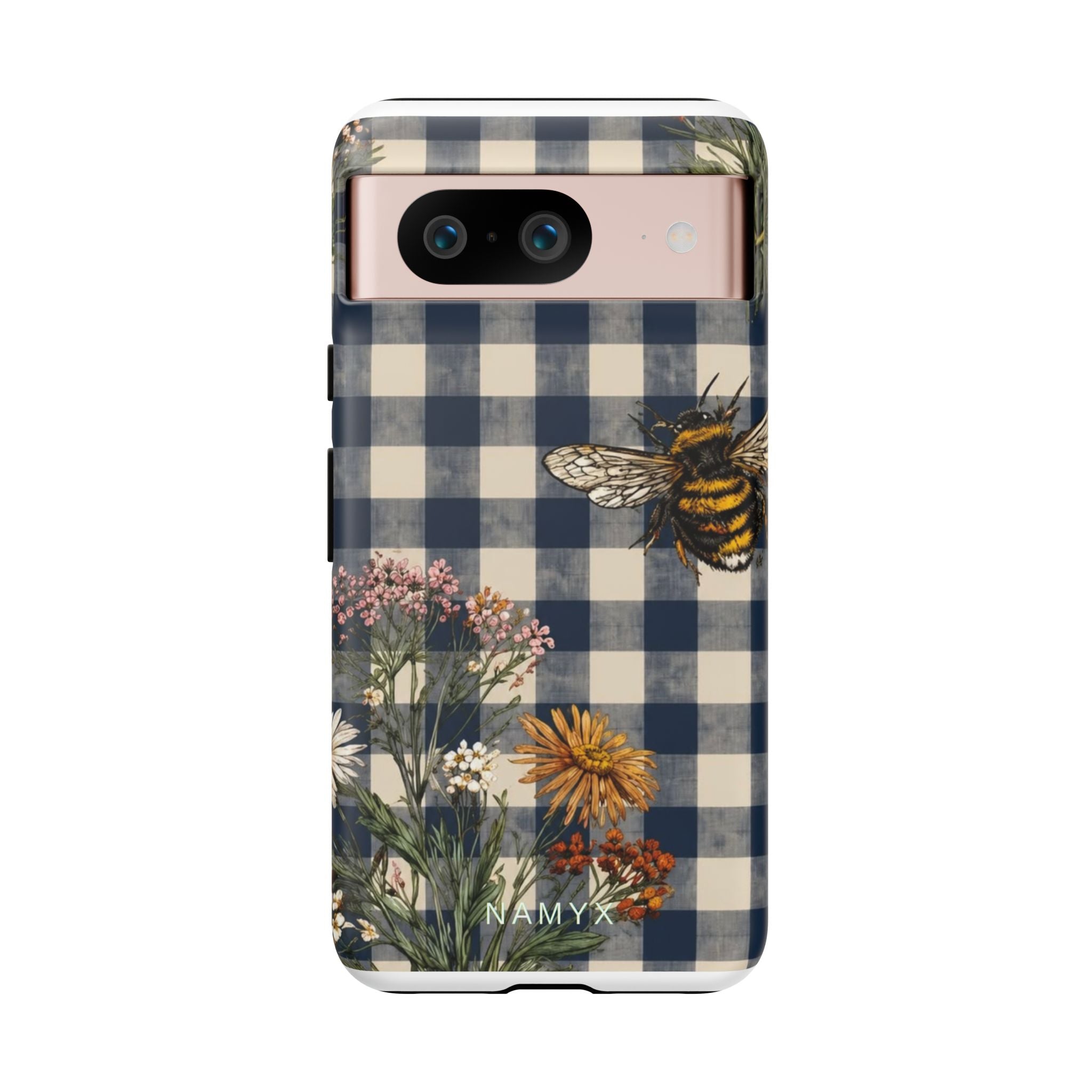 Bee & Wildflower Plaid Phone Case — Navy Buffalo Check Floral iPhone Cover