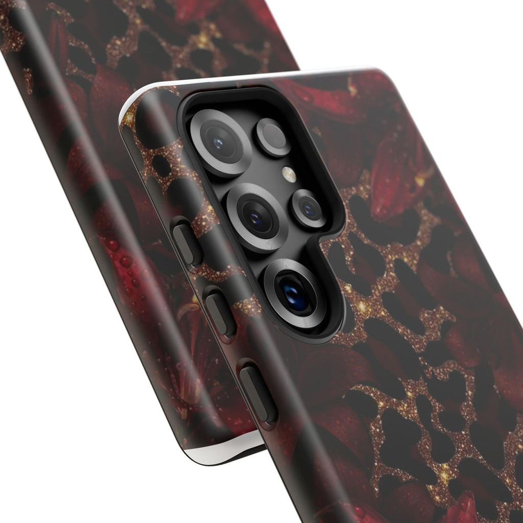 Protective Phone Case — Burgundy Floral & Gold Leopard Print Tough Case