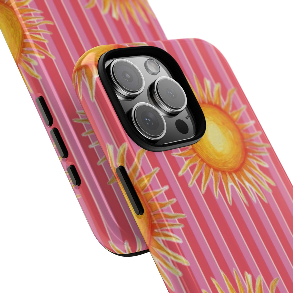 Sunburst Stripe Tough Phone Case — Bright Yellow Sun Pattern on Pink