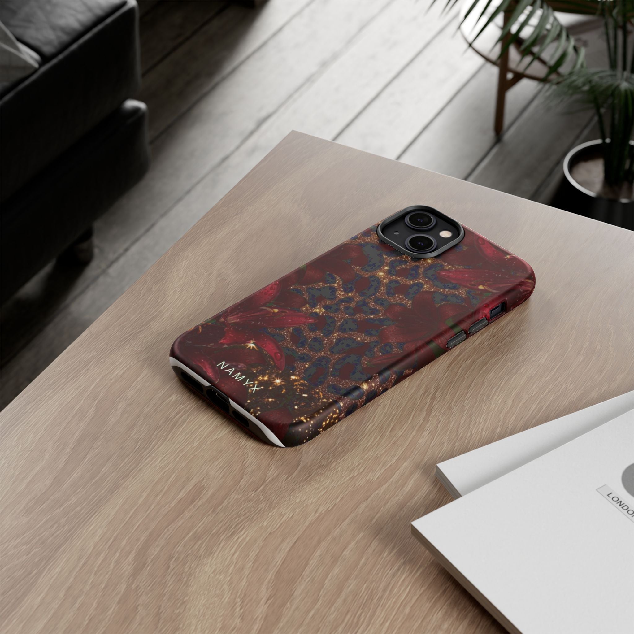 Protective Phone Case — Burgundy Floral & Gold Leopard Print Tough Case