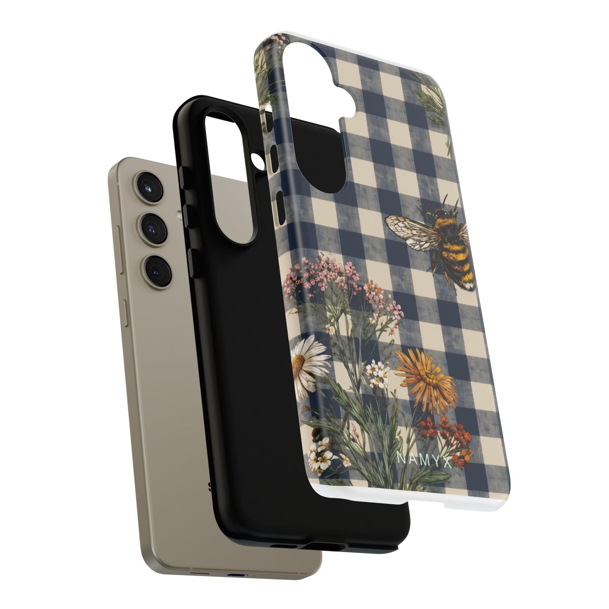 Bee & Wildflower Plaid Phone Case — Navy Buffalo Check Floral iPhone Cover