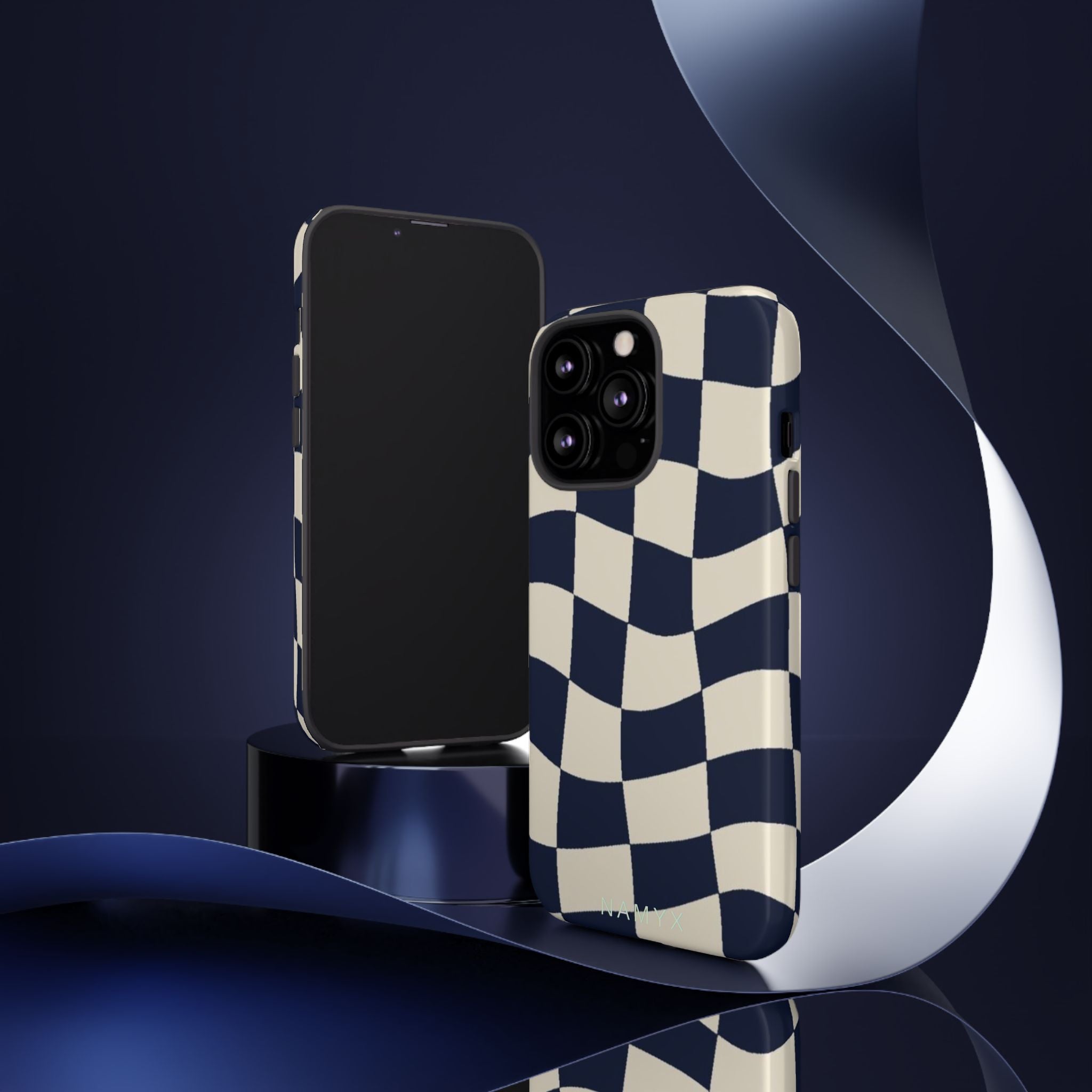 Wavy Checkered Phone Case – Retro Navy Racing Pattern Tough Case