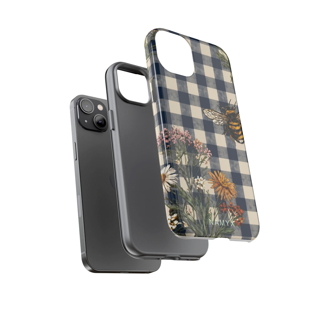Bee & Wildflower Plaid Phone Case — Navy Buffalo Check Floral iPhone Cover