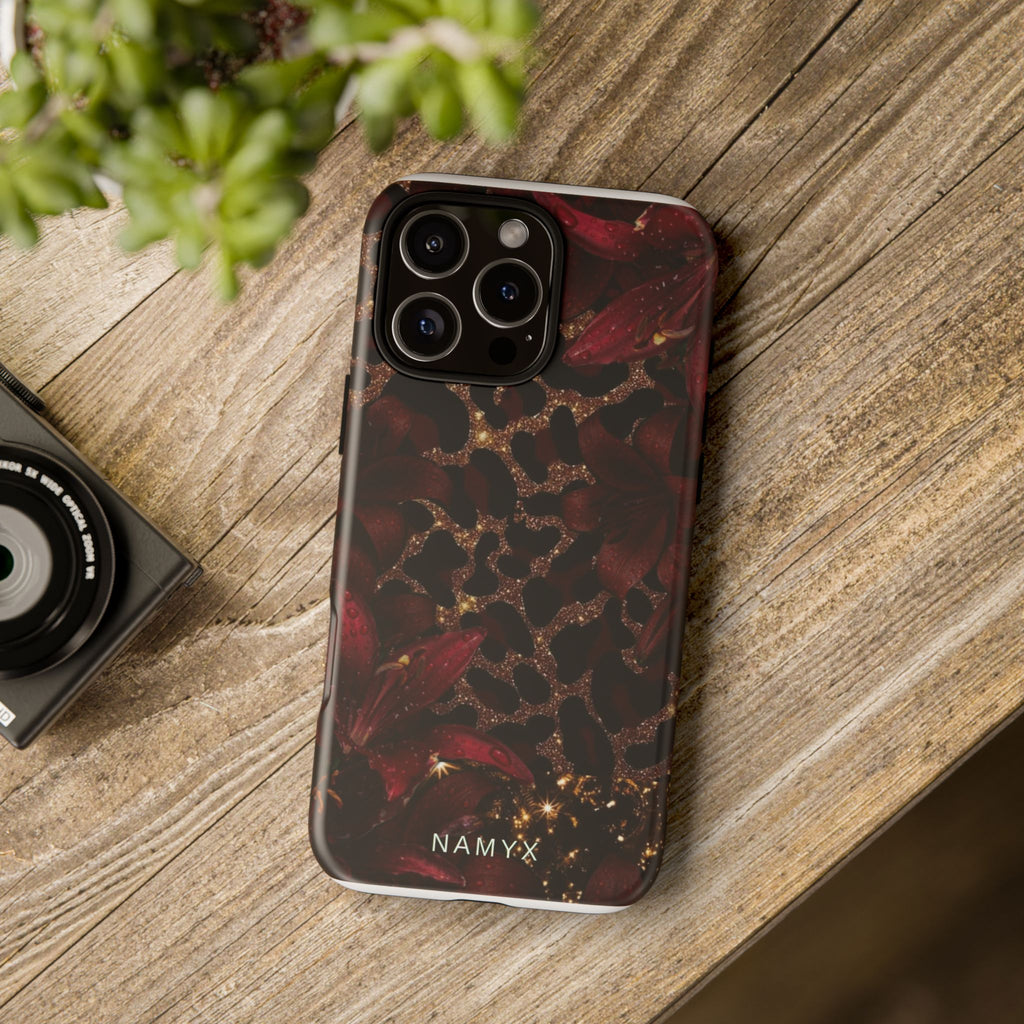 Protective Phone Case — Burgundy Floral & Gold Leopard Print Tough Case