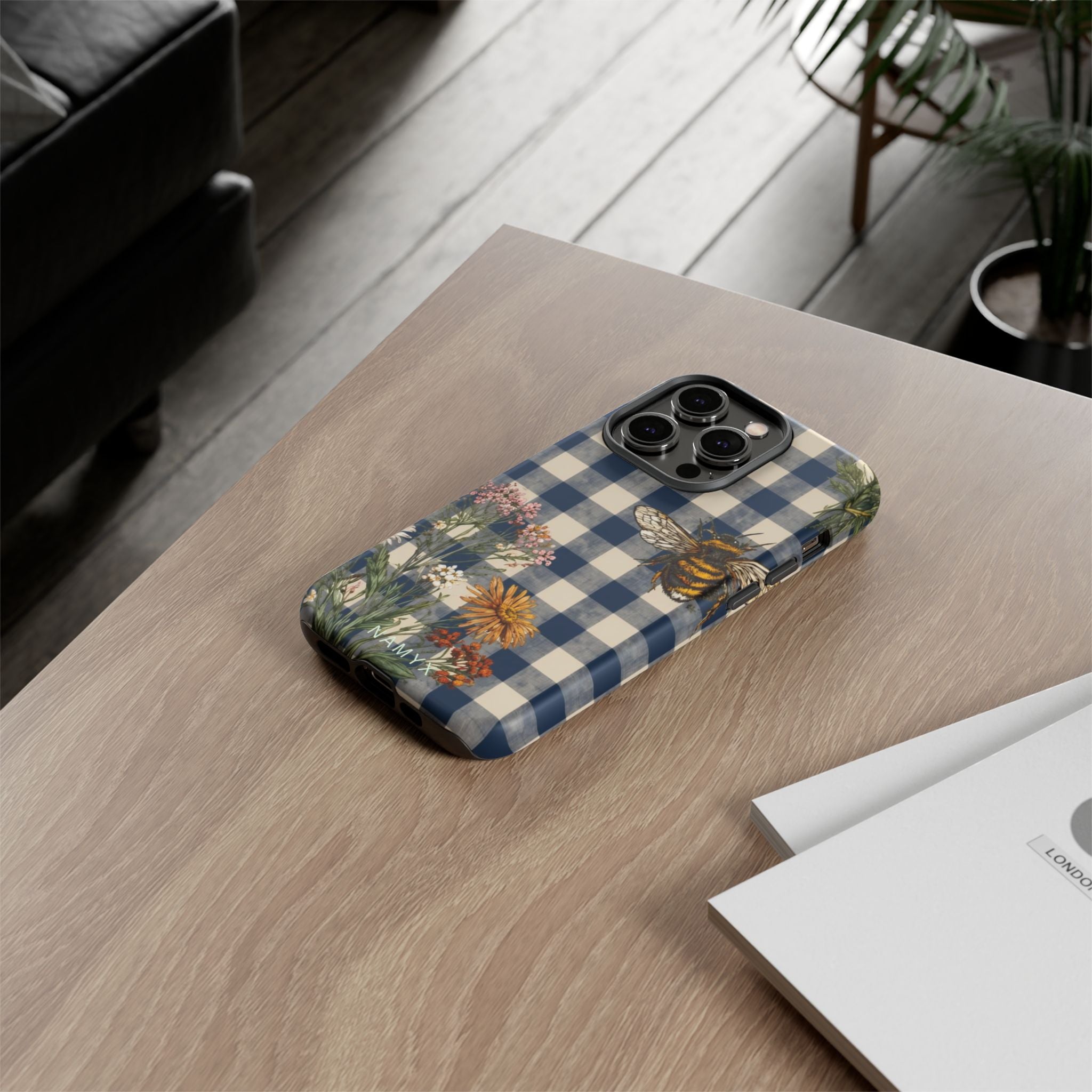 Bee & Wildflower Plaid Phone Case — Navy Buffalo Check Floral iPhone Cover