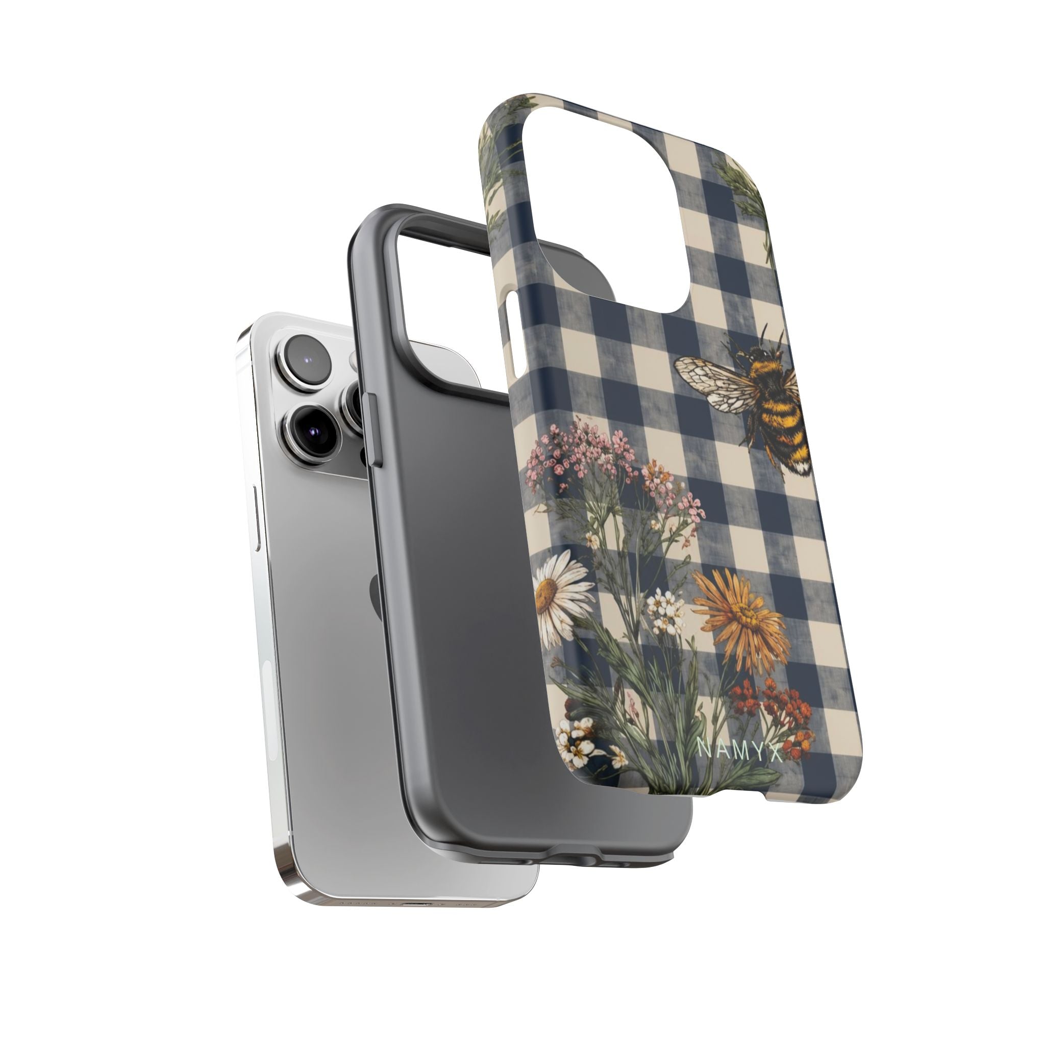 Bee & Wildflower Plaid Phone Case — Navy Buffalo Check Floral iPhone Cover