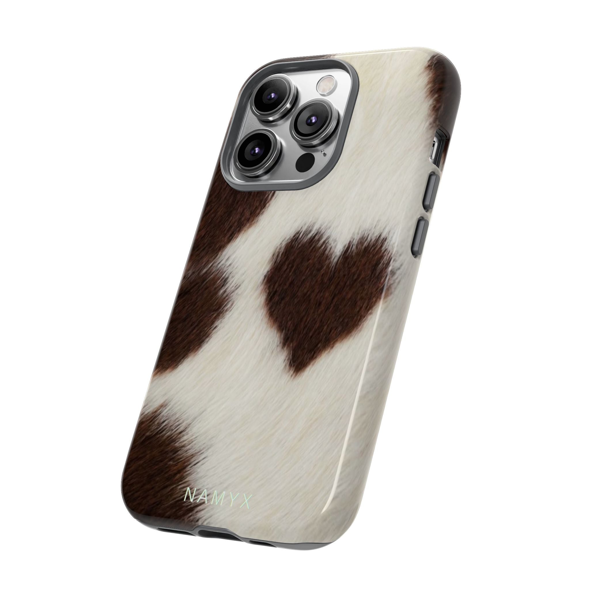 Cowhide Heart Phone Case — Cute Cow Print Protective iPhone Cover