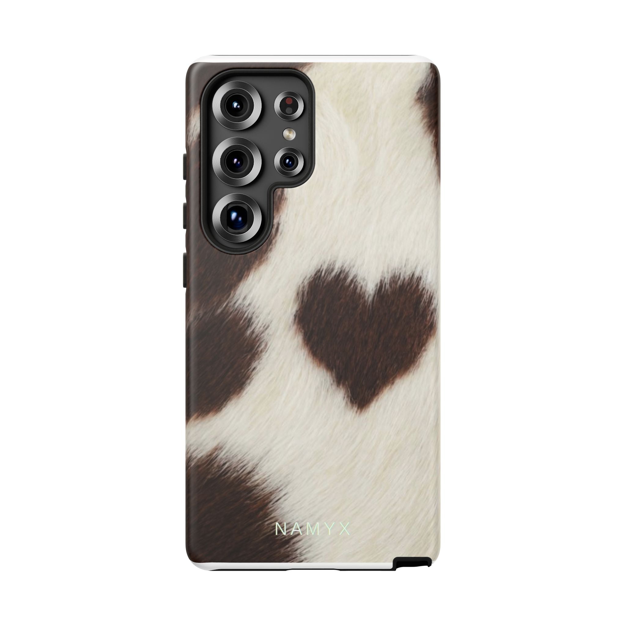 Cowhide Heart Phone Case — Cute Cow Print Protective iPhone Cover