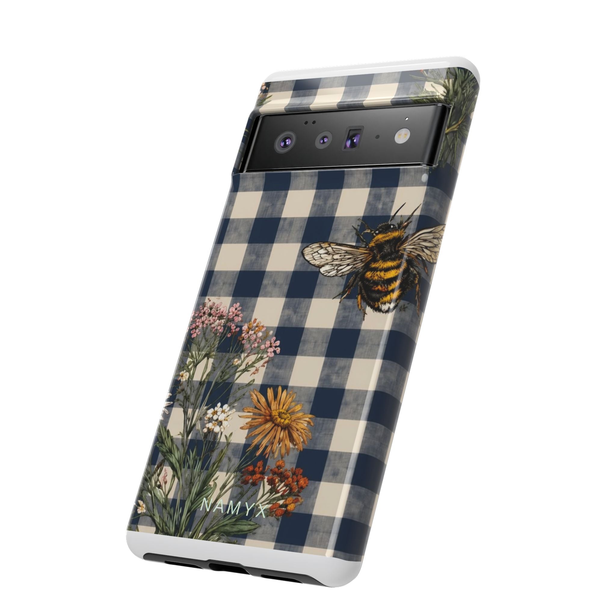Bee & Wildflower Plaid Phone Case — Navy Buffalo Check Floral iPhone Cover