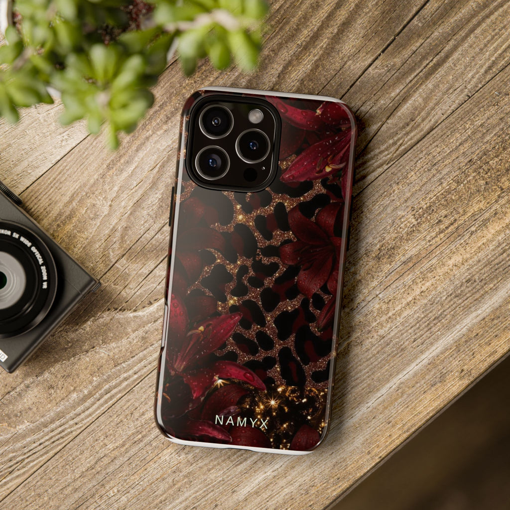 Protective Phone Case — Burgundy Floral & Gold Leopard Print Tough Case