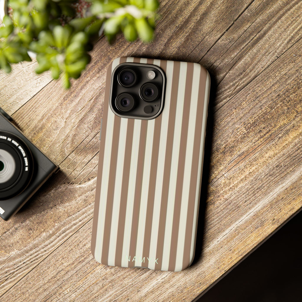 Striped Beige Phone Case — Classic Vertical Brown & Cream Stripe Tough Case