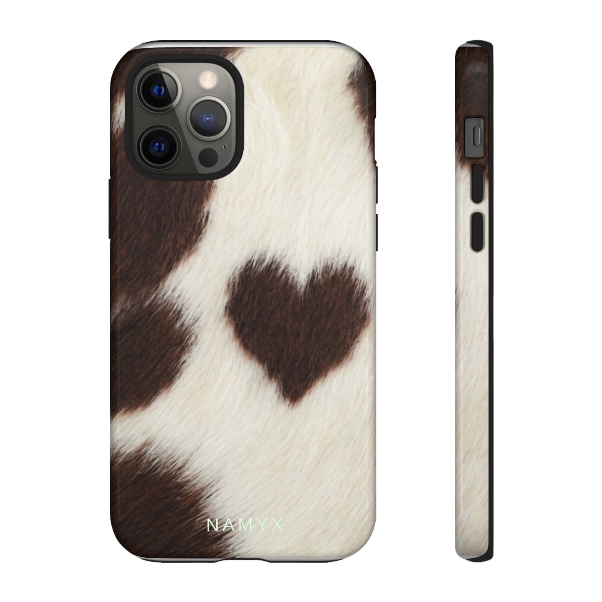 Cowhide Heart Phone Case — Cute Cow Print Protective iPhone Cover