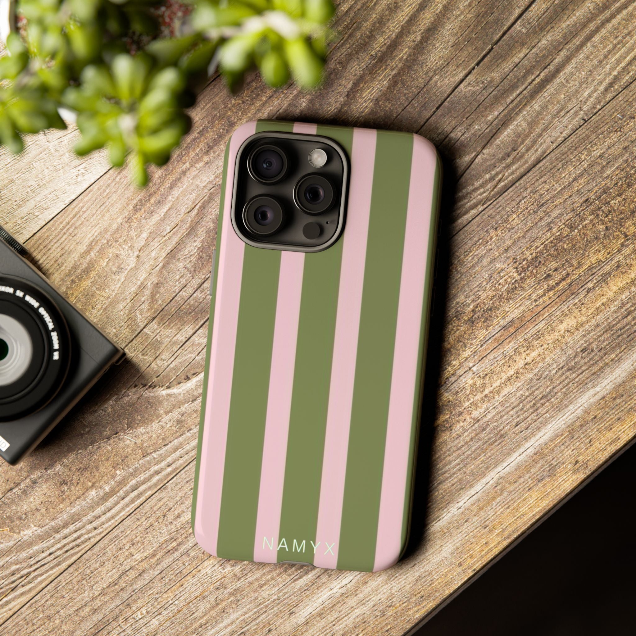 Striped Olive & Blush Tough Phone Case — Durable Protective Phone Cover