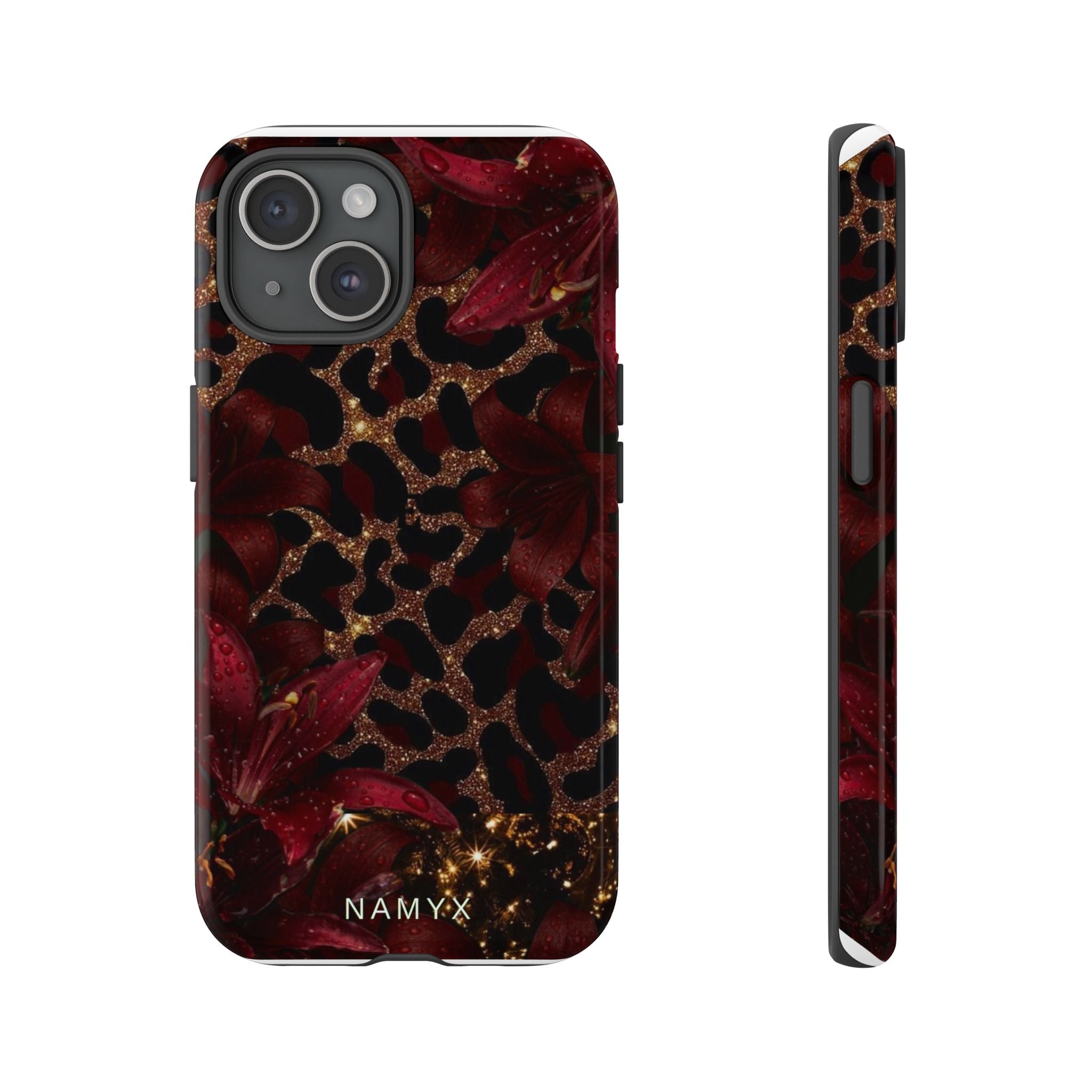 Protective Phone Case — Burgundy Floral & Gold Leopard Print Tough Case