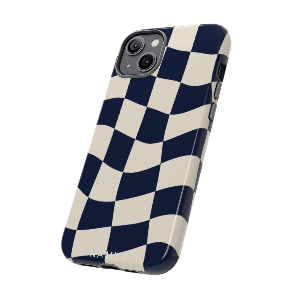 Wavy Checkered Phone Case – Retro Navy Racing Pattern Tough Case