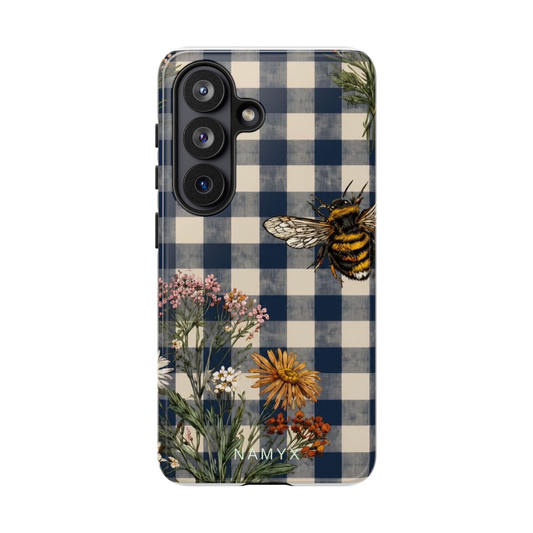 Bee & Wildflower Plaid Phone Case — Navy Buffalo Check Floral iPhone Cover