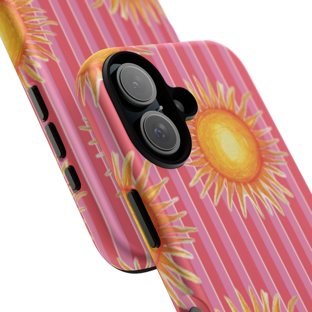 Sunburst Stripe Tough Phone Case — Bright Yellow Sun Pattern on Pink