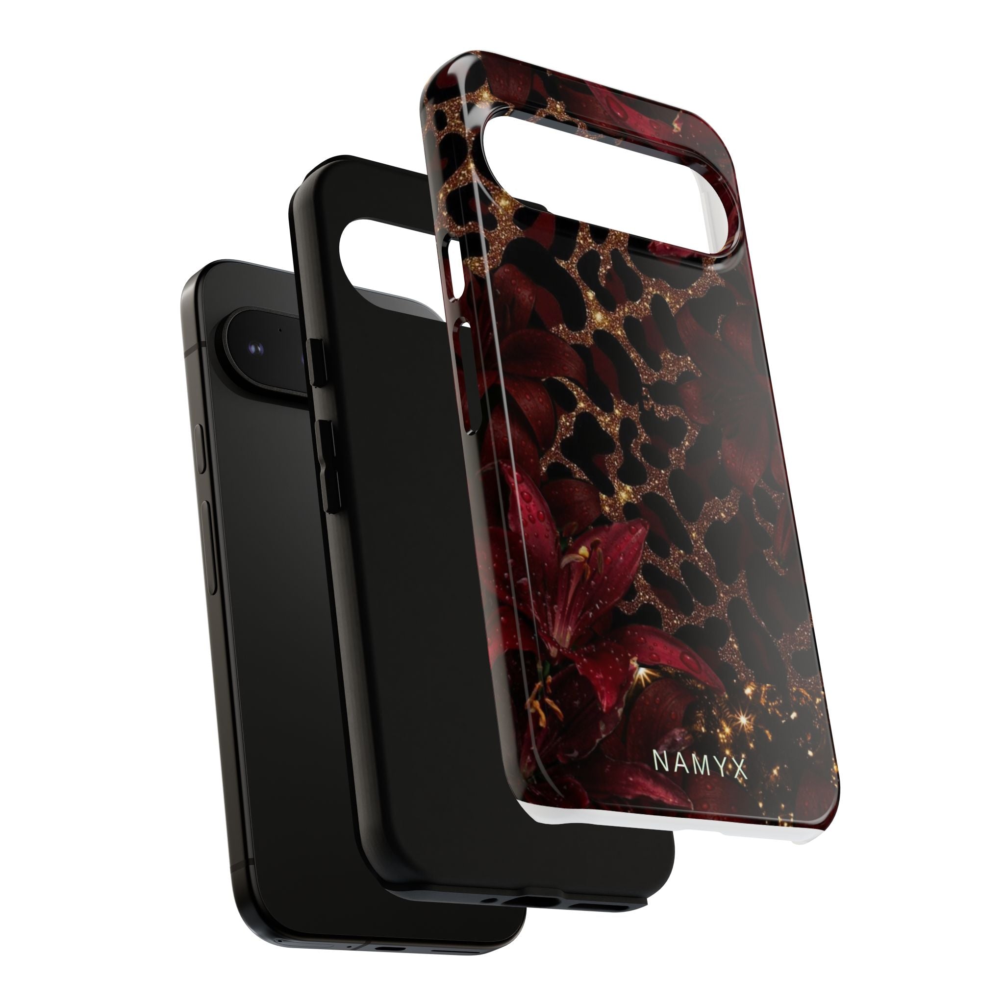 Protective Phone Case — Burgundy Floral & Gold Leopard Print Tough Case