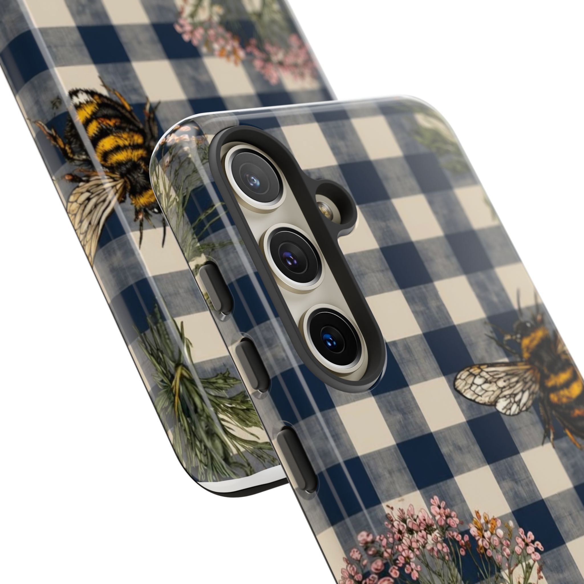 Bee & Wildflower Plaid Phone Case — Navy Buffalo Check Floral iPhone Cover