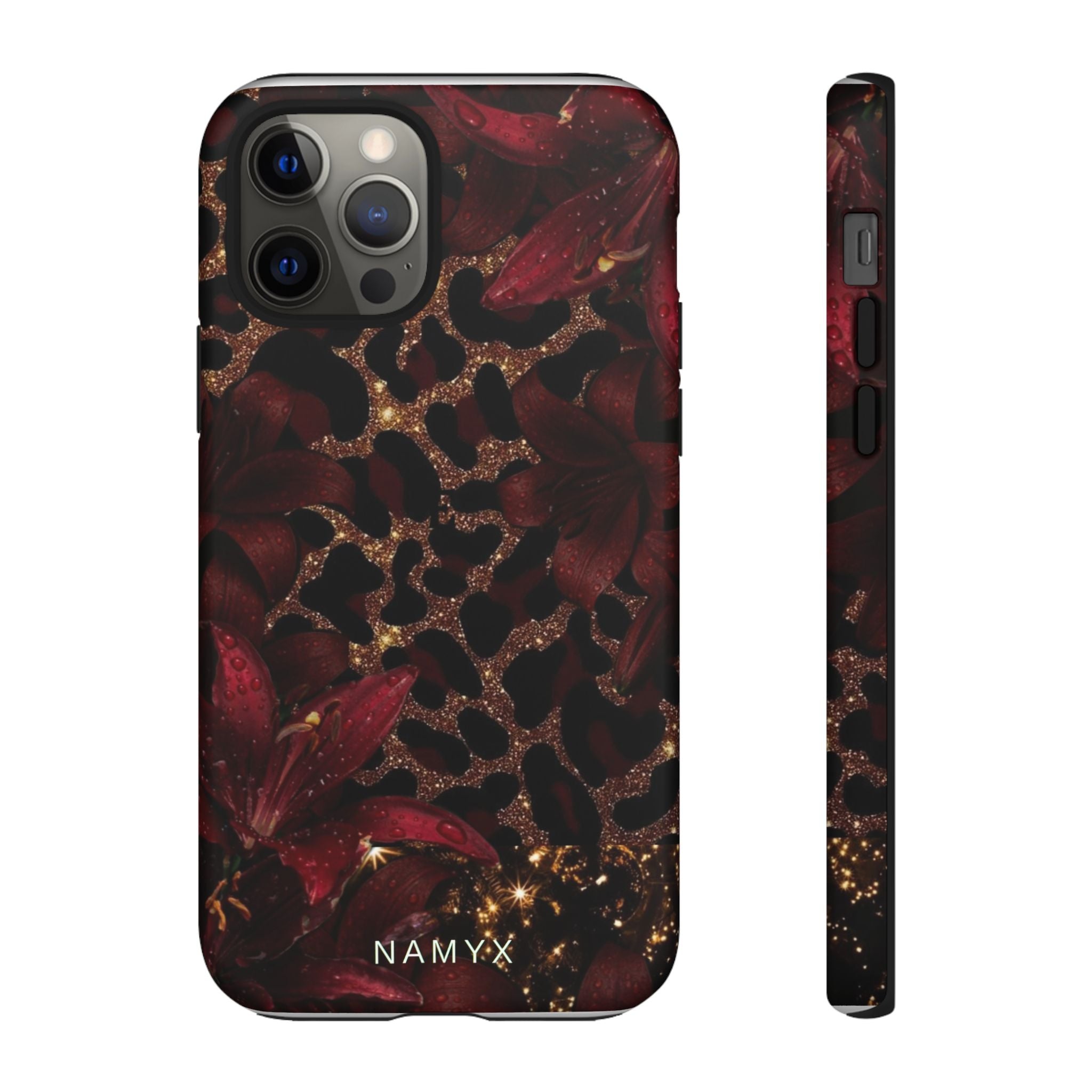 Protective Phone Case — Burgundy Floral & Gold Leopard Print Tough Case
