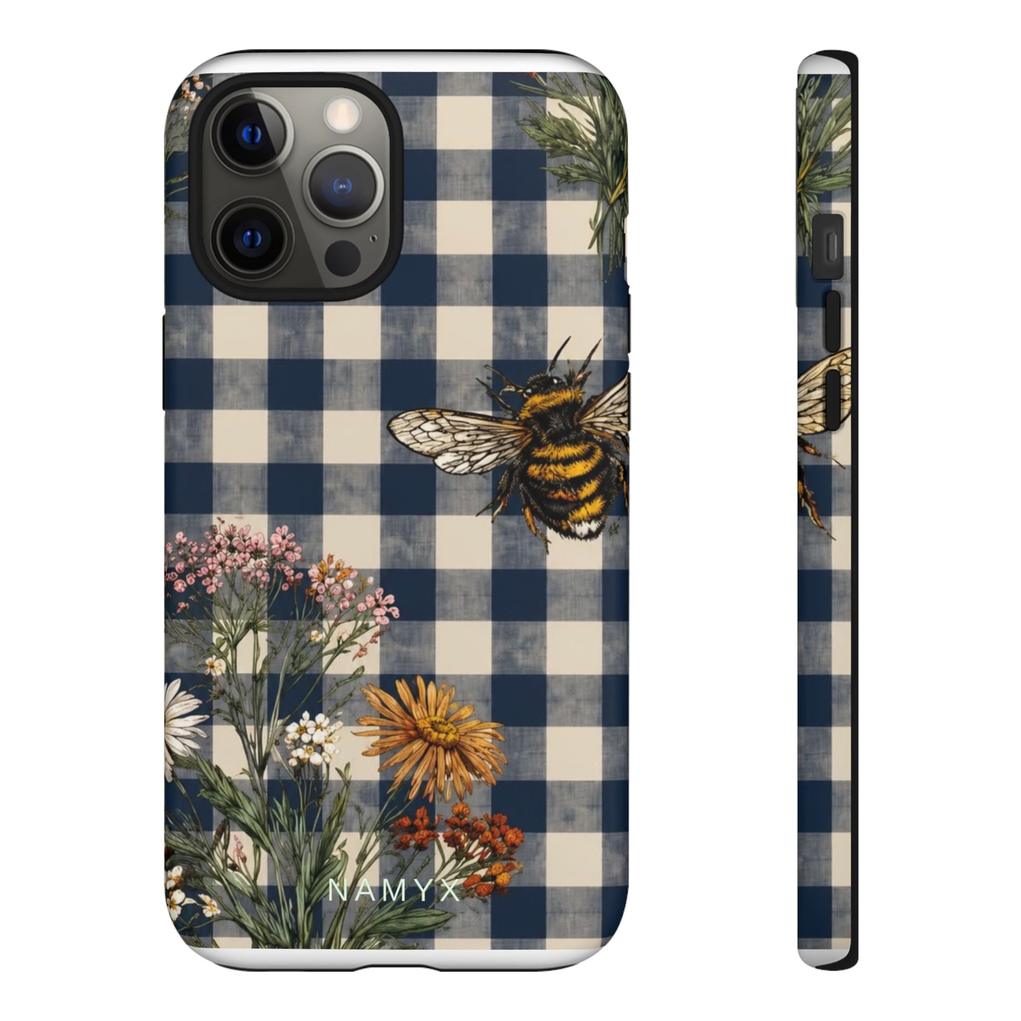 Bee & Wildflower Plaid Phone Case — Navy Buffalo Check Floral iPhone Cover