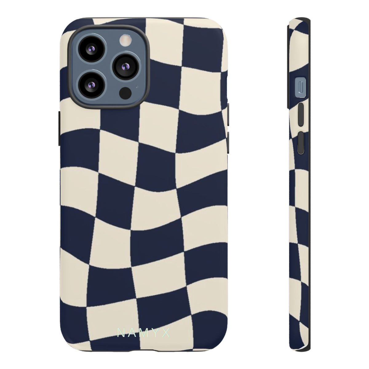 Wavy Checkered Phone Case – Retro Navy Racing Pattern Tough Case