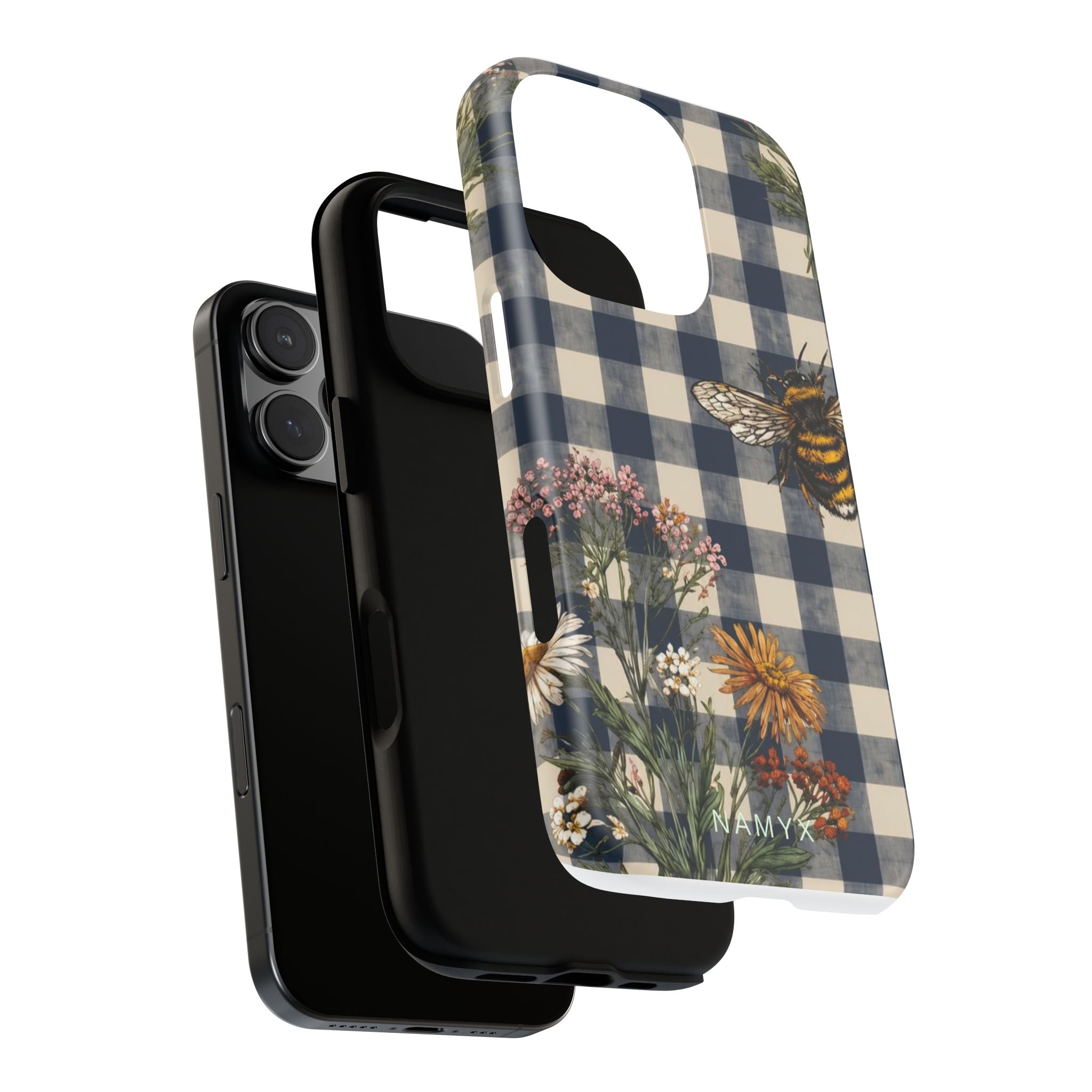Bee & Wildflower Plaid Phone Case — Navy Buffalo Check Floral iPhone Cover