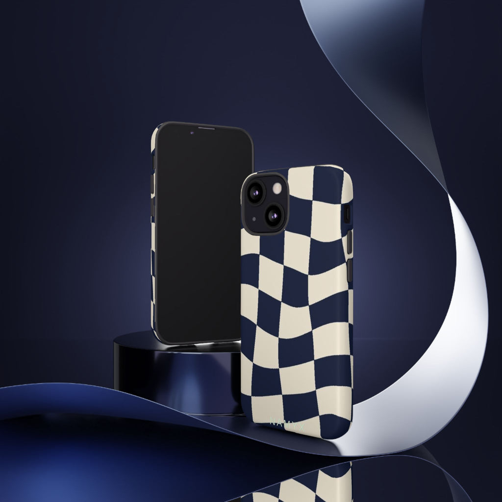 Wavy Checkered Phone Case – Retro Navy Racing Pattern Tough Case