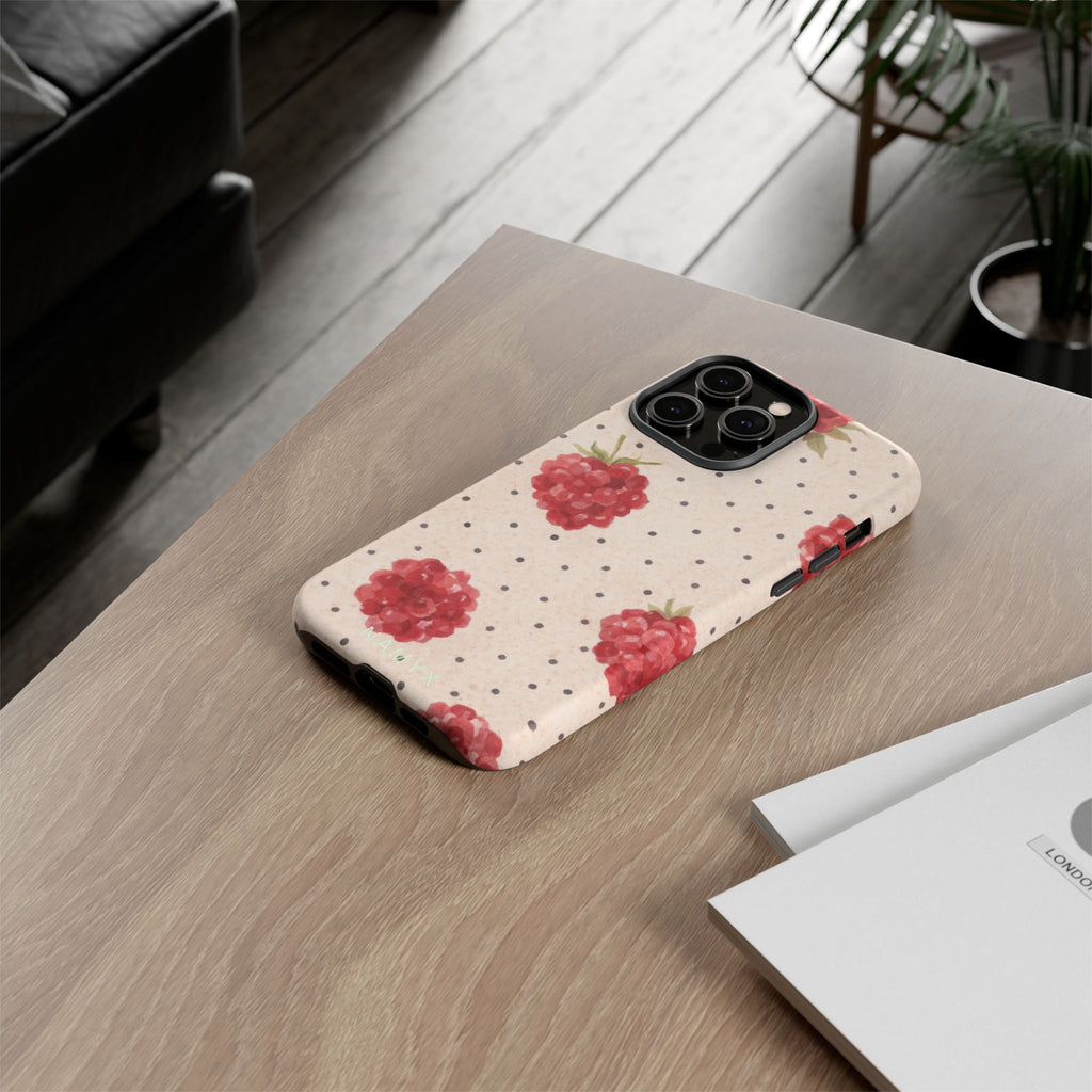 Raspberry Dotted Tough Phone Case — Vintage Floral Protective Cover