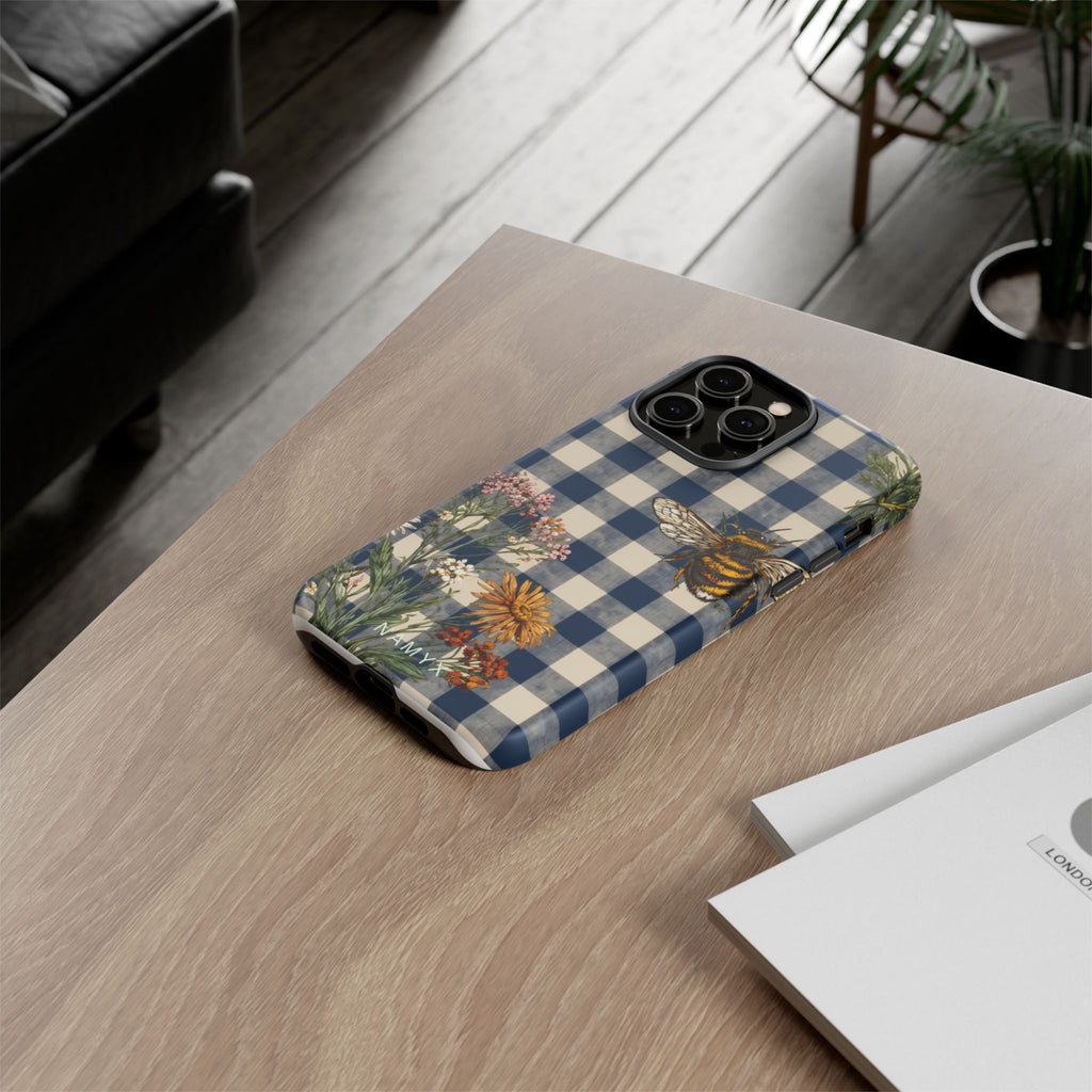 Bee & Wildflower Plaid Phone Case — Navy Buffalo Check Floral iPhone Cover