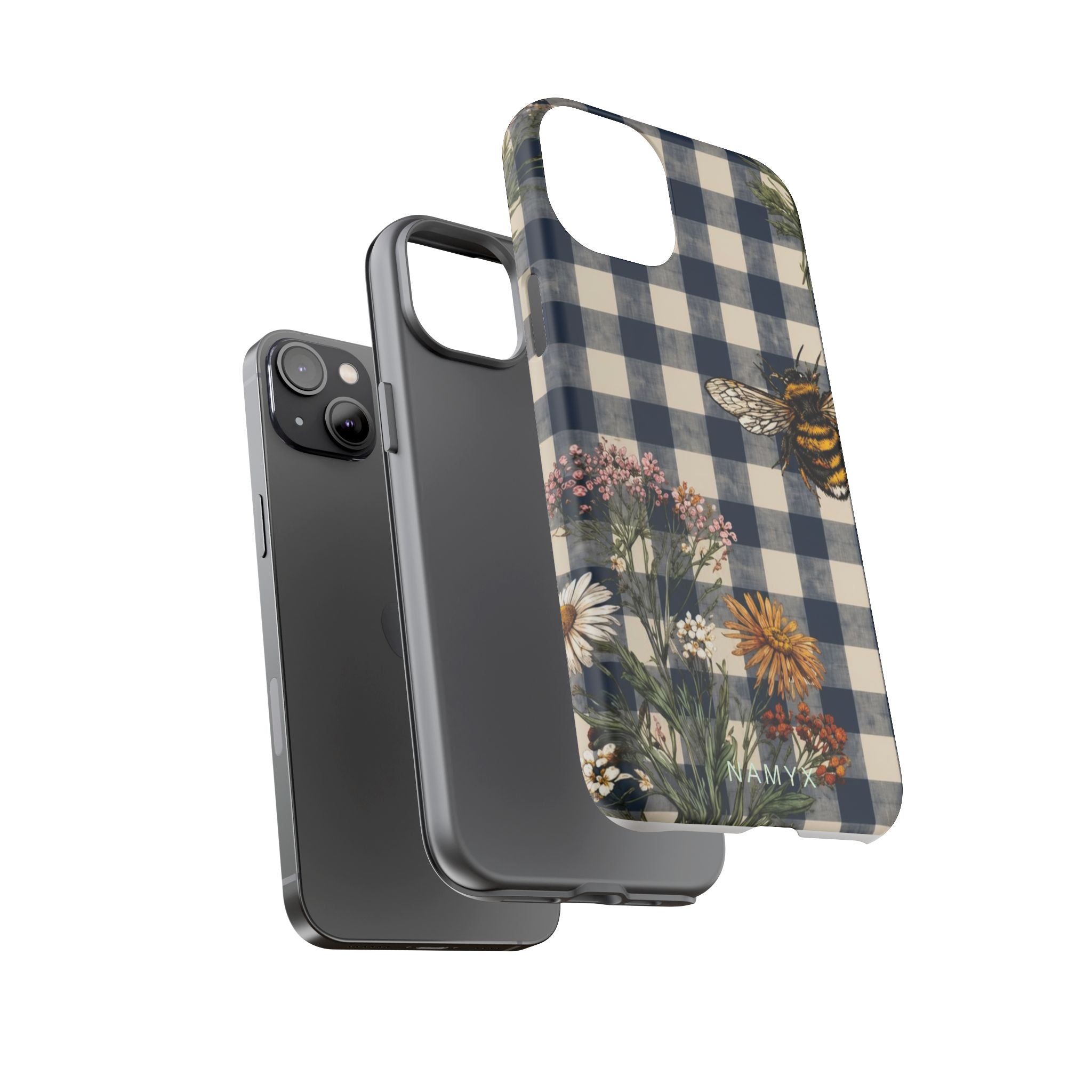 Bee & Wildflower Plaid Phone Case — Navy Buffalo Check Floral iPhone Cover