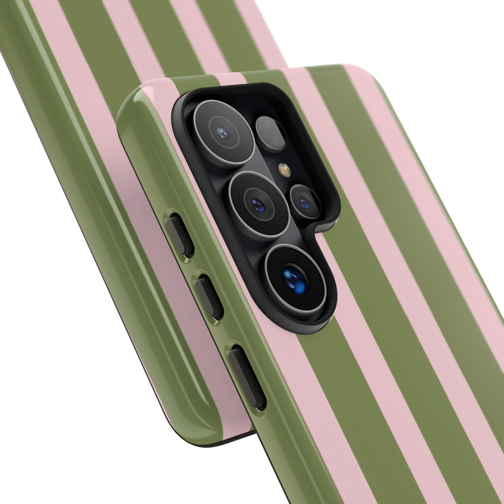 Striped Olive & Blush Tough Phone Case — Durable Protective Phone Cover