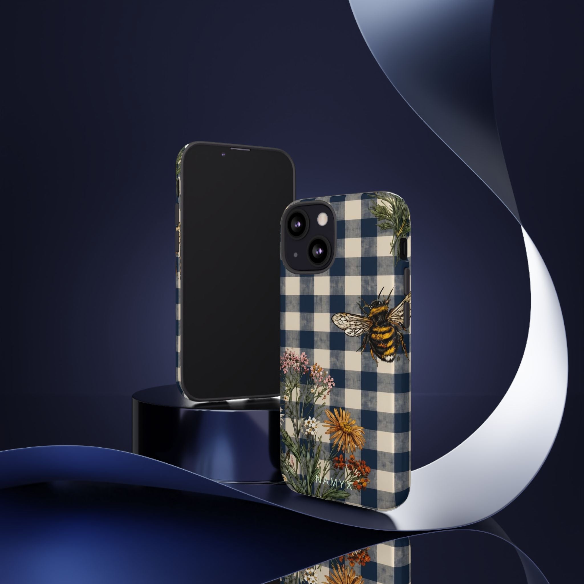 Bee & Wildflower Plaid Phone Case — Navy Buffalo Check Floral iPhone Cover