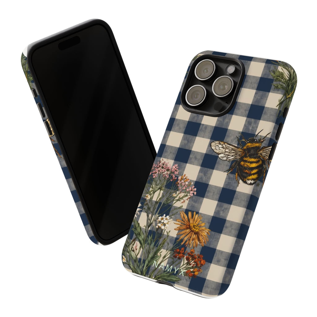 Bee & Wildflower Plaid Phone Case — Navy Buffalo Check Floral iPhone Cover